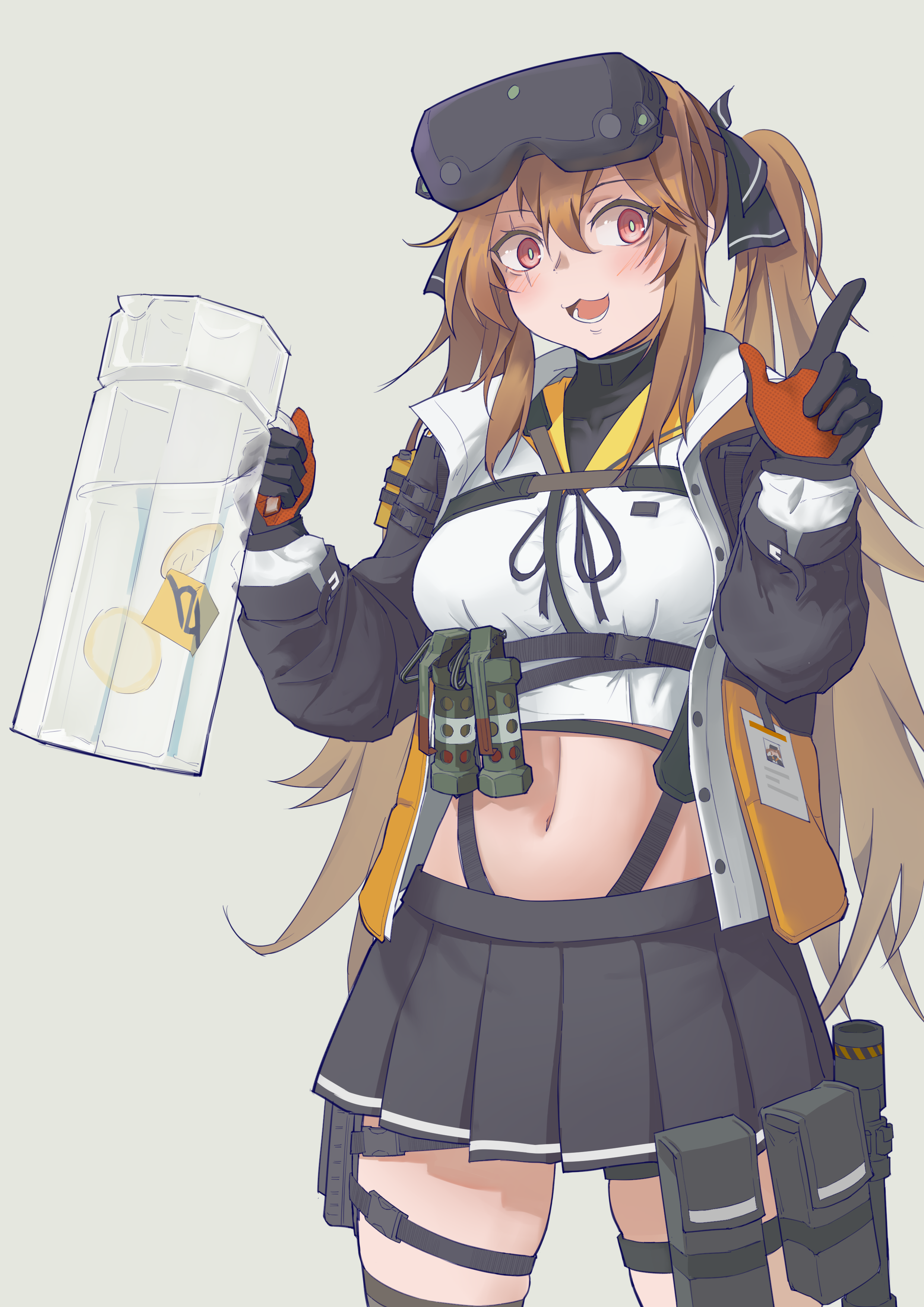 kto znaet, ump9 (girls' frontline), ump9 (mod3) (girls' frontline), girls' frontline, absurdres, commentary, english commentary, highres, 1girl, 404 logo (girls' frontline), :3, black gloves, black skirt, blush, brown hair, flashbang, food, fruit, gloves, green pupils, grey background, head-mounted display, holding, id card, lemon, lemon slice, lower teeth only, midriff, navel, open mouth, pleated skirt, pouch, red eyes, red gloves, scar, scar across eye, scar on face, skirt, solo, teeth, twintails, two-tone gloves
