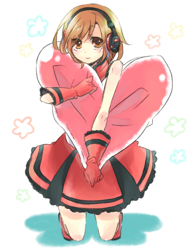 asaki (pixiv32096), meiko (vocaloid), sakine meiko, vocaloid, bad id, bad pixiv id, 1girl, brown eyes, brown hair, female focus, full body, gloves, headphones, heart, kneeling, short hair, skirt, smile, solo