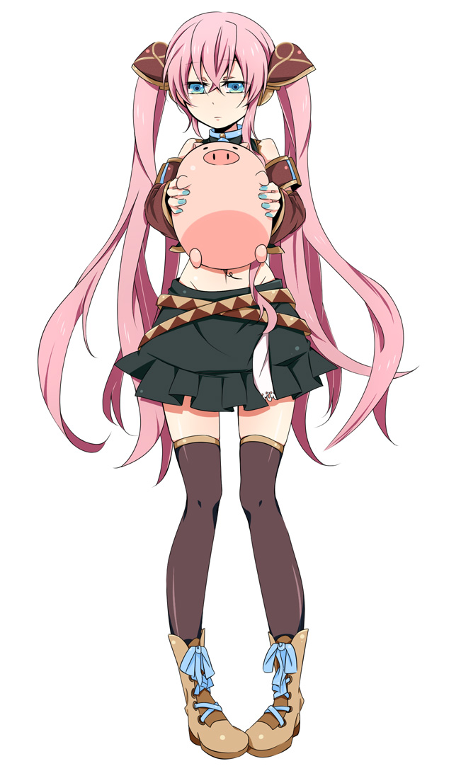 asaki (pixiv32096), megurine luka, vocaloid, alternate costume, alternate hairstyle, aqua eyes, long hair, midriff, navel, pig, pink hair, simple background, skirt, solo, thighhighs, twintails, zettai ryouiki