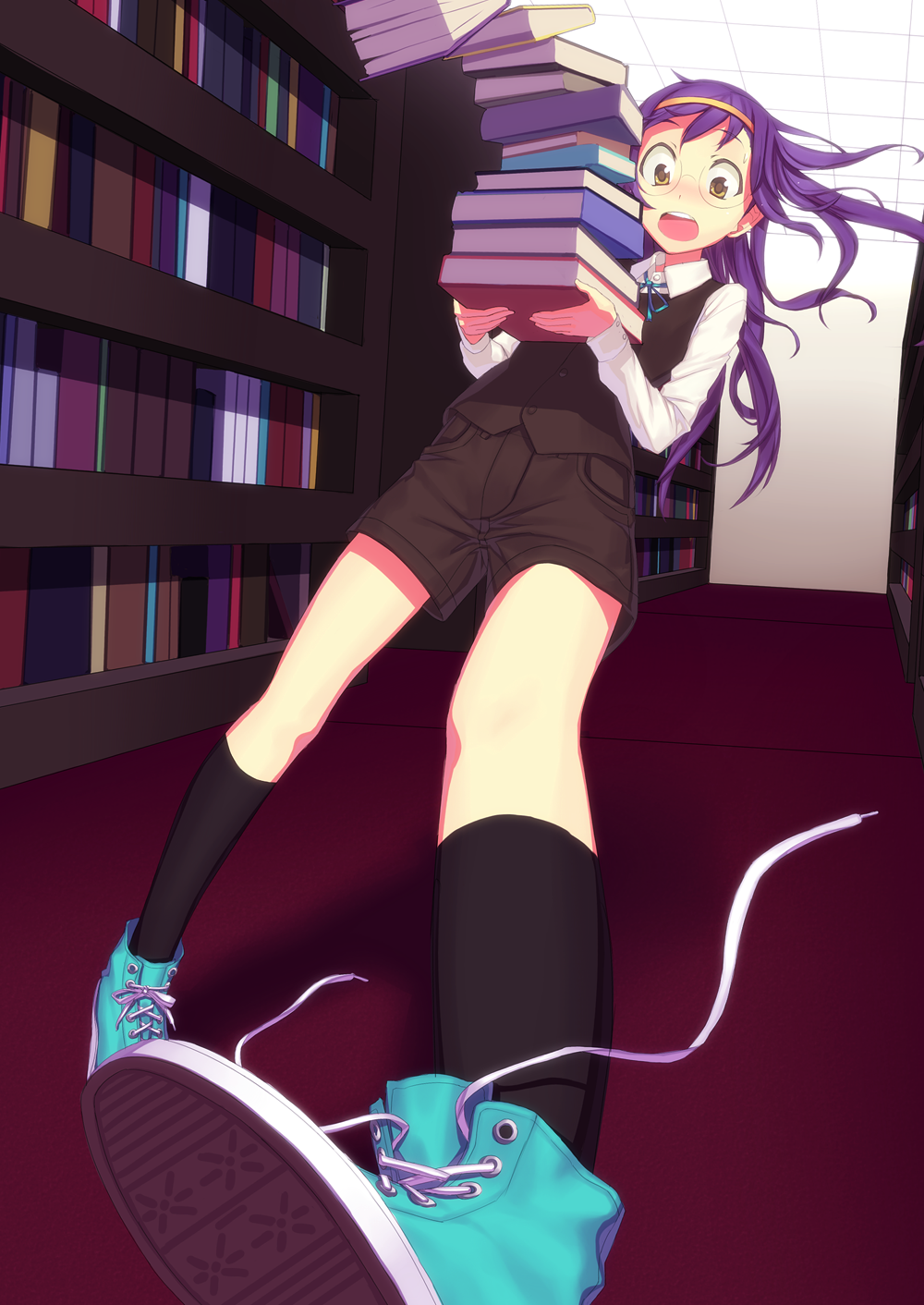 fondolger, converse, original, untied, bad id, bad pixiv id, highres, 1girl, aqua shoes, blush, book, brown eyes, falling, female focus, fondoler, library, long hair, purple hair, shoes, shorts, sneakers, socks, solo, tripping, vest, waistcoat