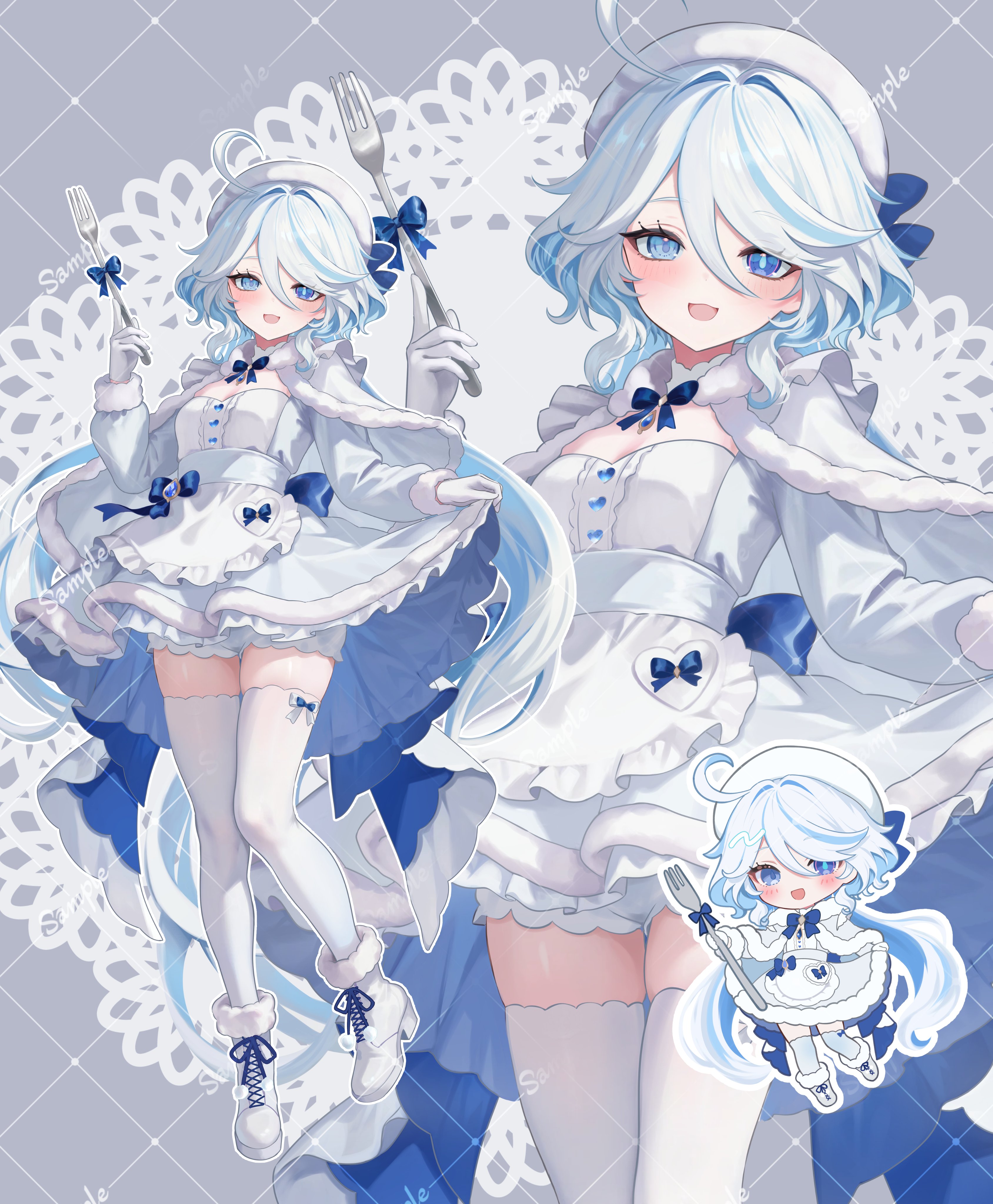 riku (rrr gns), furina (genshin impact), genshin impact, absurdres, commentary request, highres, 1girl, alternate costume, bloomers, blue eyes, blue hair, breasts, cape, capelet, cloak, dress, fork, fur-trimmed capelet, fur-trimmed dress, fur trim, gloves, grey cape, grey dress, grey hair, heterochromia, holding, holding fork, long hair, maid, multiple views, open mouth, shoes, skirt hold, small breasts, thighhighs, underwear, watermark, watermark grid, wavy hair, white bloomers, white dress, white gloves, white shoes, white thighhighs, winter clothes