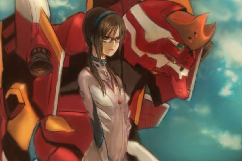 tokiwa osamu, eva 02, makinami mari illustrious, neon genesis evangelion, rebuild of evangelion, alternate breast size, bad id, bad pixiv id, 00s, 1girl, brown hair, flat chest, glasses, hairband, humanoid robot, long hair, mecha pilot suit, plugsuit (evangelion), robot, twintails
