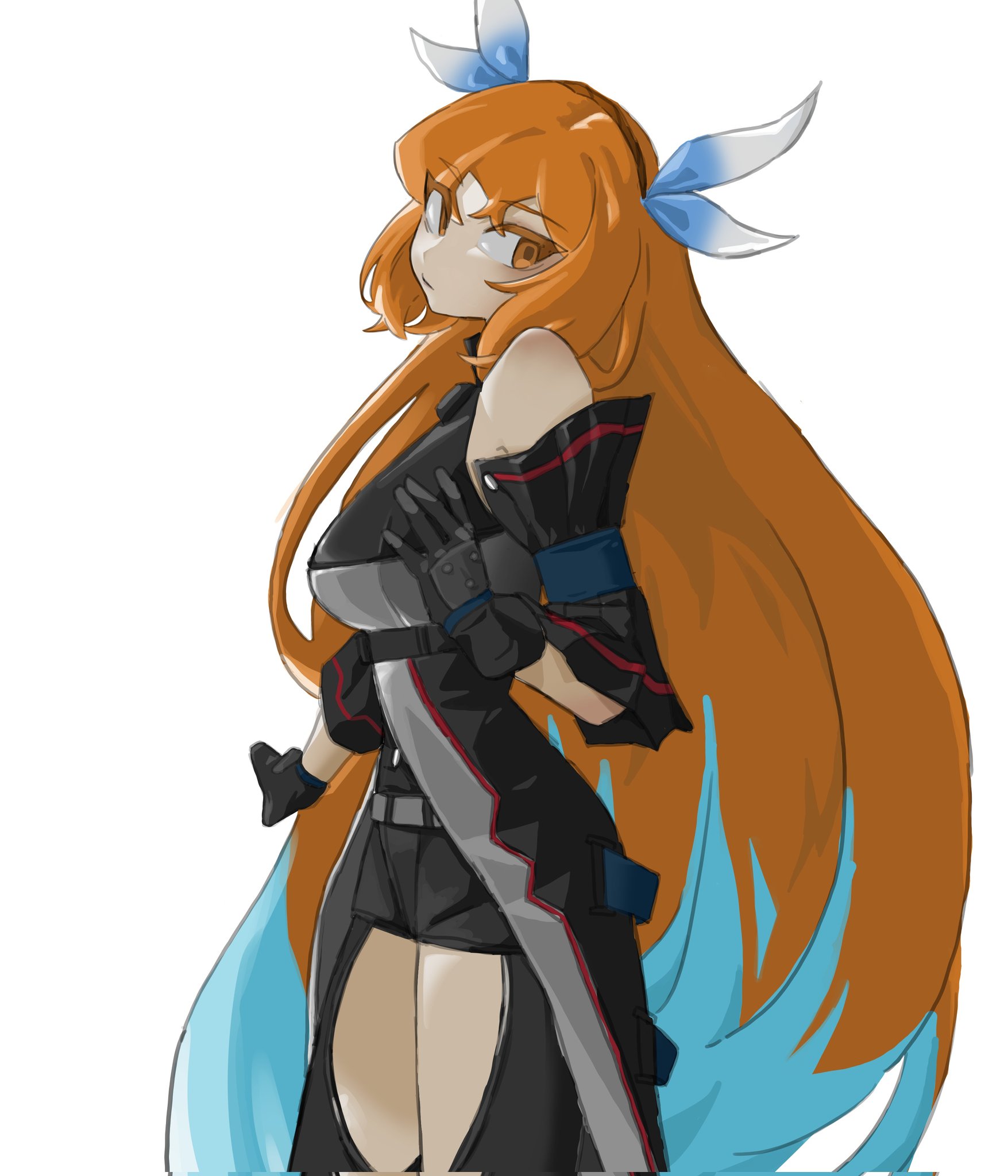 ishmael (project moon), skadi (arknights), arknights, limbus company, project moon, commentary request, highres, korean commentary, 1girl, bare shoulders, black gloves, black pants, black ribbon, black shorts, blue hair, breasts, clothing cutout, cosplay, cowboy shot, detached sleeves, gloves, hair ribbon, large breasts, long hair, multicolored hair, orange hair, osia3278 1122, pants, ribbon, shorts, simple background, skadi (arknights) (cosplay), solo, streaked hair, thigh cutout, tidal elegy (e.g.o), very long hair, white background