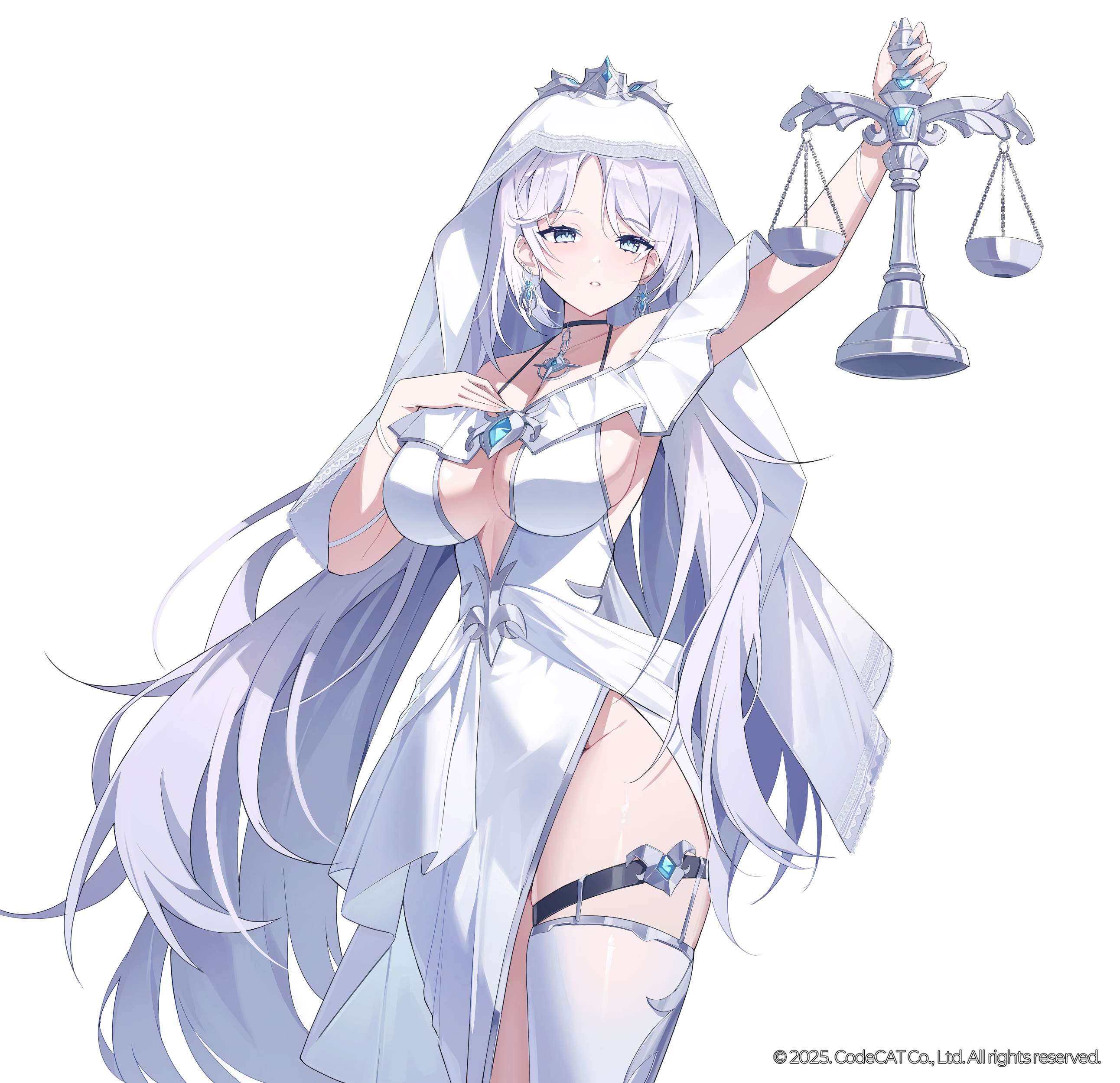 ugwa, sword master story, absurdres, commentary request, highres, korean commentary, 1girl, arm up, black choker, blue eyes, breasts, choker, cleavage, cowboy shot, dress, hand on own chest, holding, large breasts, long hair, looking at viewer, no panties, parted lips, side slit, simple background, sleeveless, sleeveless dress, solo, spaghetti strap, thigh strap, thighhighs, thighs, veil, very long hair, weighing scale, white background, white dress, white hair, white thighhighs, white veil