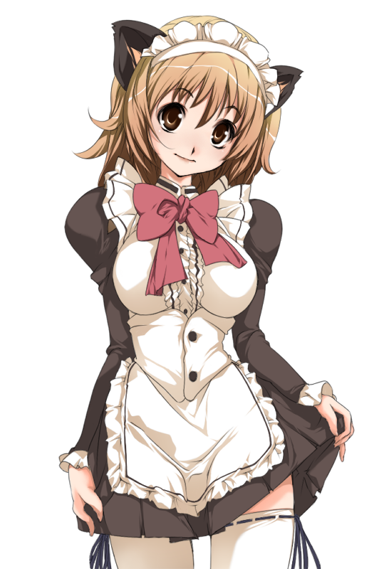 alric, original, 1girl, animal ears, apron, blush, bow, bowtie, breasts, brown eyes, brown hair, cat ears, cat girl, female focus, large bow, large breasts, maid, maid apron, maid headdress, short hair, simple background, solo, thighhighs, white background, white thighhighs