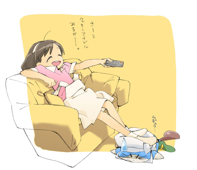 nse, fukuhara haruka, hiiragi mine, cooking idol ai! mai! main!, translated, 1girl, animal, apron, brown hair, child, couch, sitting, socks, television, voice actor, yellow upholstery