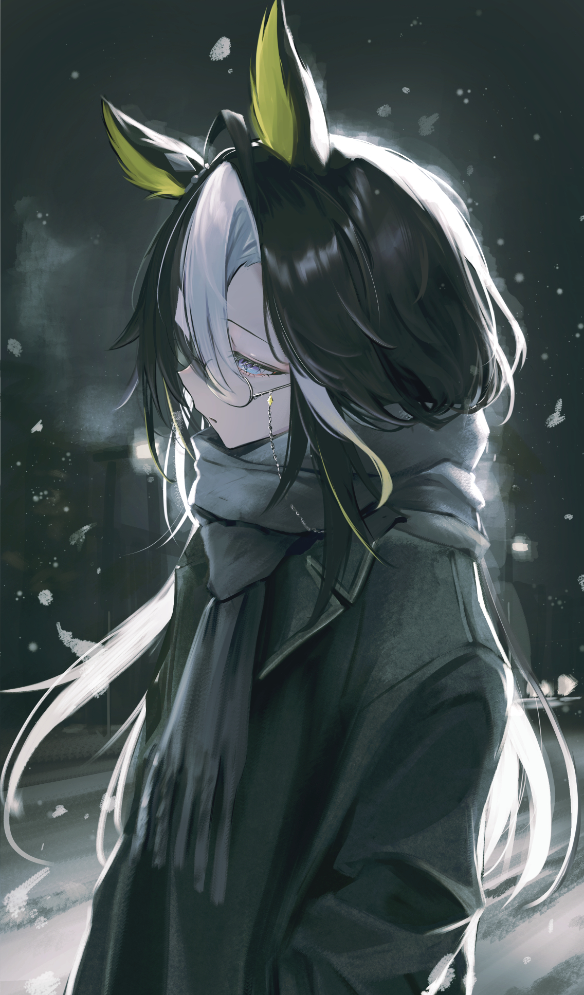 seikatsu, dream journey (umamusume), umamusume, highres, 1girl, animal ears, black hair, black jacket, closed mouth, glasses, grey scarf, horse ears, horse girl, jacket, long hair, multicolored hair, scarf, snowing, solo, two-tone hair, upper body, white hair