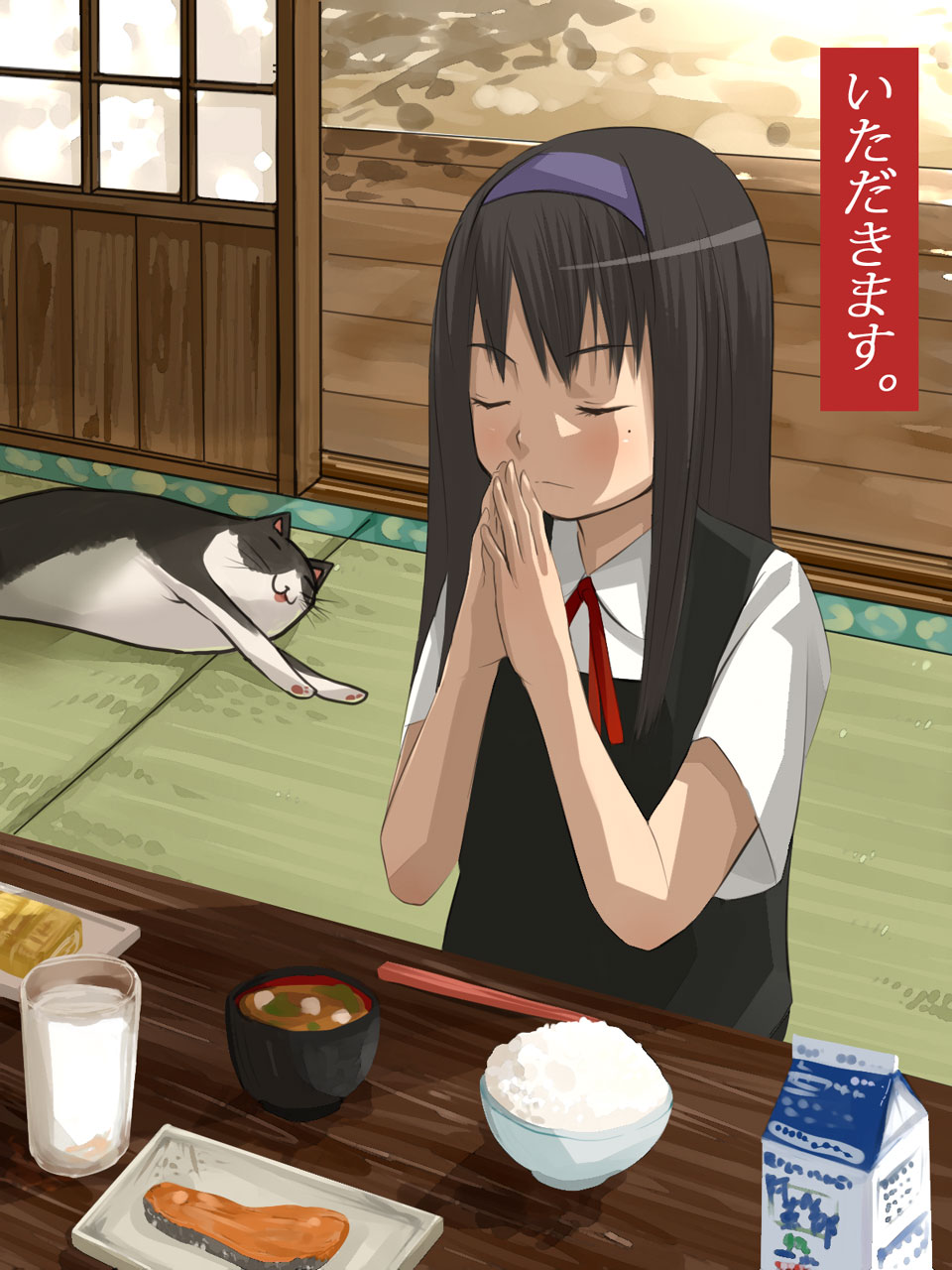 okiru, highres, blush, brown hair, cat, food, hairband, long hair, milk, mole, mole under eye, rice, solo