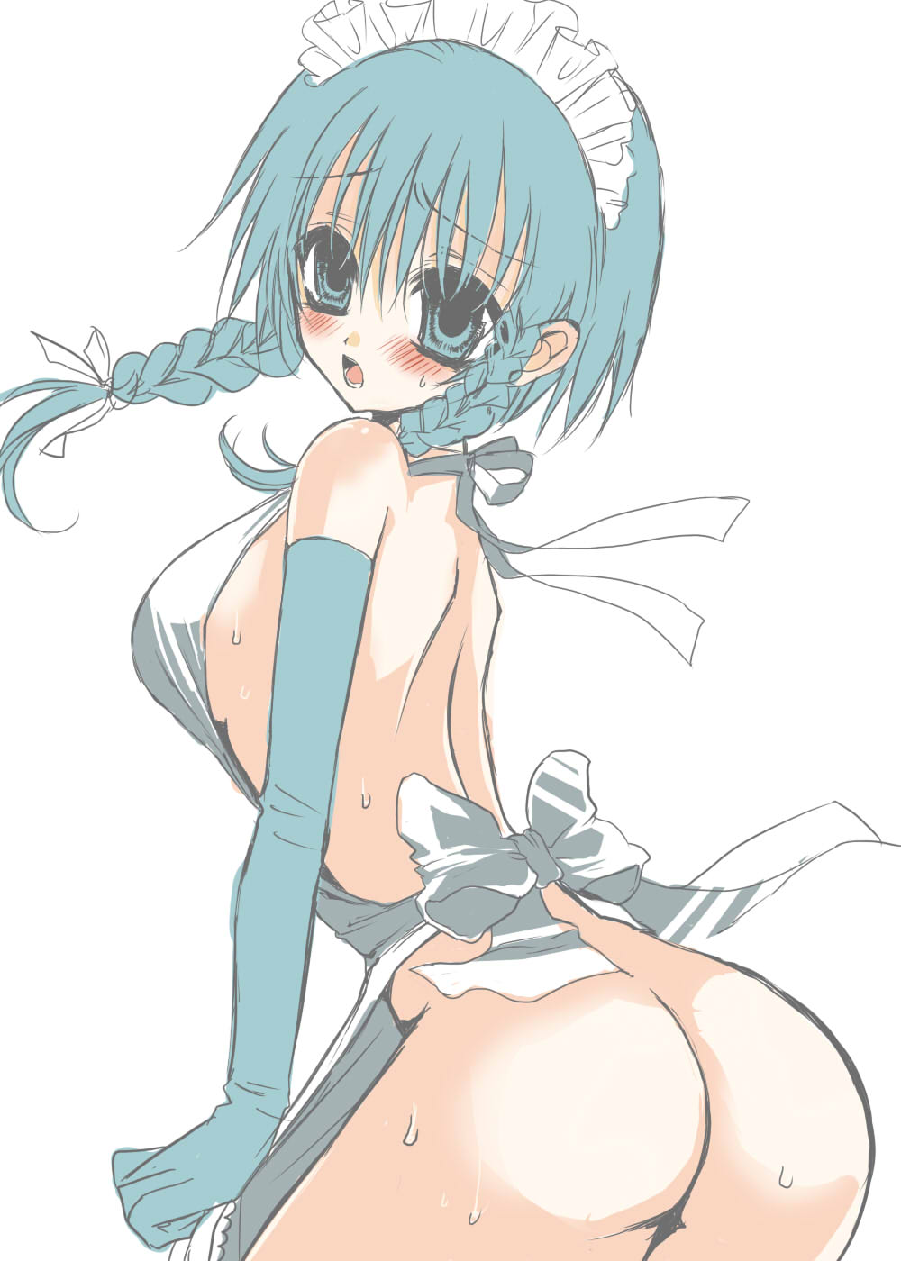umeiro, izayoi sakuya, touhou, silver hair, bad id, bad pixiv id, highres, 1girl, apron, ass, blush, braid, female focus, naked apron, short hair, solo, twin braids