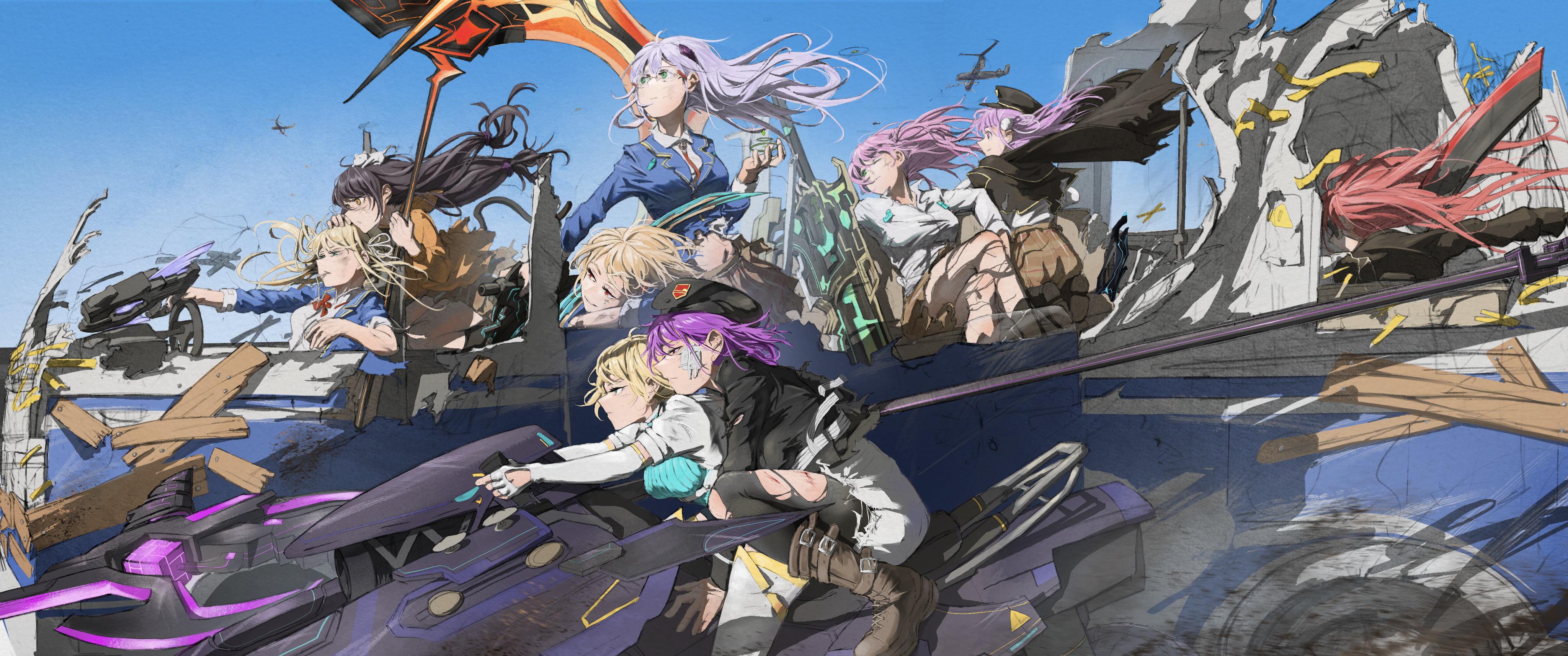 danch331, aikawa megumi, asakura karen (heaven burns red), asami makiko (heaven burns red), izumi yuki (heaven burns red), kayamori ruka, kunimi tama, nanase nanami (heaven burns red), tezuka saki, toujou tsukasa, heaven burns red, absurdres, commentary request, highres, 6+girls, aircraft, airplane, animal ears, assault rifle, black hair, blonde hair, blue sky, car, crossover, driving, drone, grey hair, gun, hat, helicopter, holding, holding scythe, holding weapon, horns, jacket, long hair, long sleeves, military vehicle, motor vehicle, motorcycle, multiple girls, open mouth, outdoors, pink hair, purple eyes, purple hair, red hair, riding, rifle, scythe, shirt, short hair, skirt, sky, twintails, weapon, yellow eyes