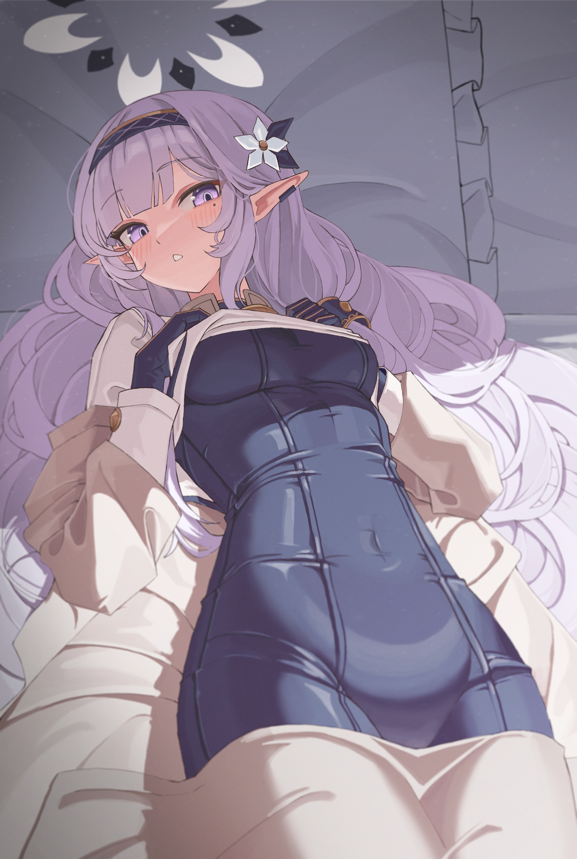 mahou gnome, himari (blue archive), blue archive, absurdres, commentary request, highres, 1girl, black bodysuit, black hairband, bodysuit, clothes lift, earclip, flower, hair flower, hair ornament, hair tubes, hairband, halo, long hair, looking at viewer, mole, mole under eye, multicolored halo, pointy ears, shirt lift, solo, striped clothes, striped hairband, two-tone halo, white hair, white halo