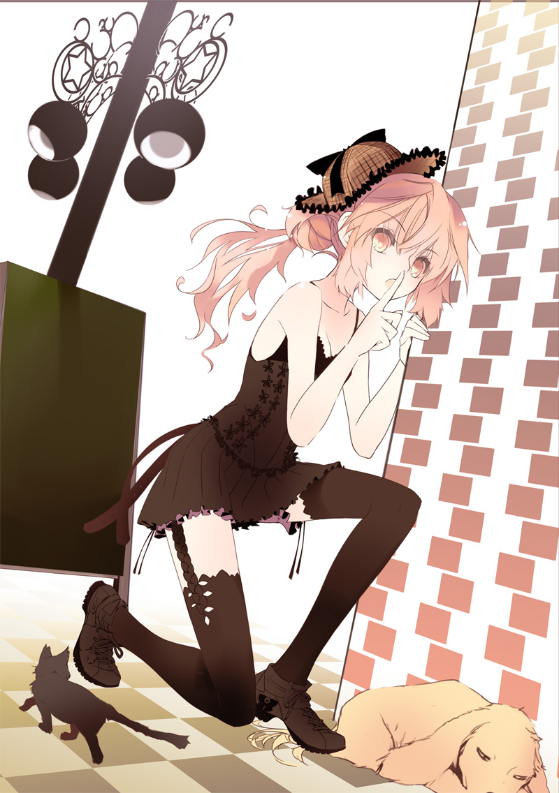 saya (sayaya), bad id, bad pixiv id, cat, dog, finger to mouth, garter belt, hat, long hair, pink hair, ponytail, shoes, shushing, skirt, sneakers, solo, squatting, thighhighs