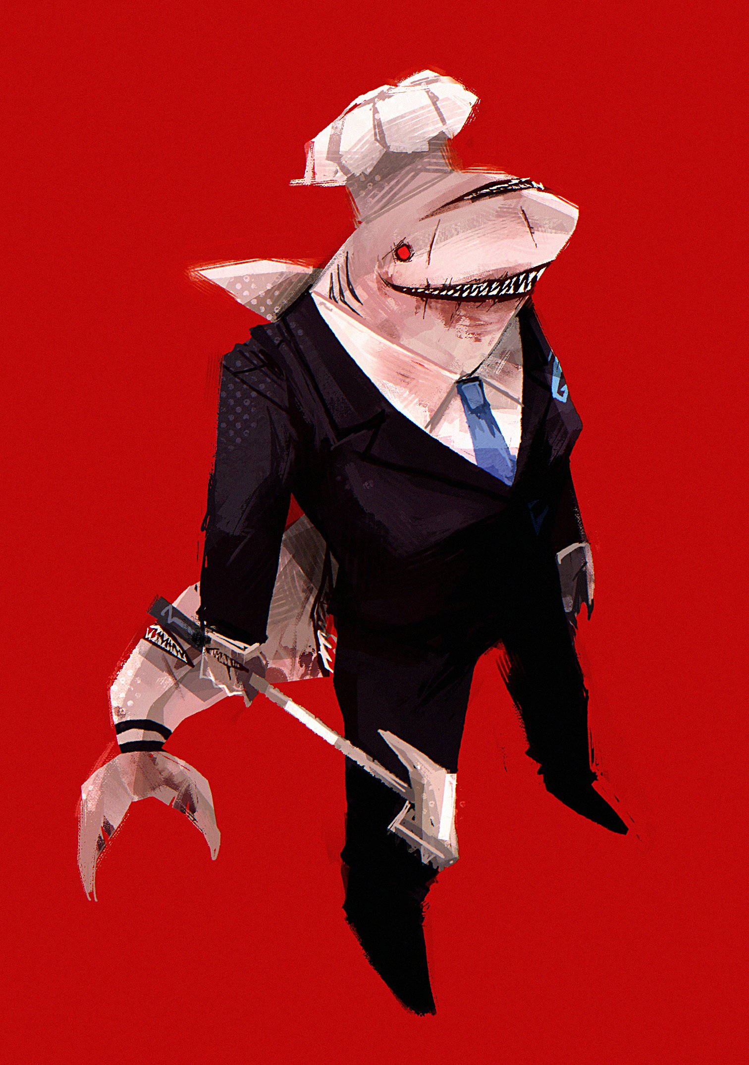 rainbowmisosoup, greta (project moon), library of ruina, project moon, highres, 1girl, bikini, black jacket, black pants, blue necktie, chef hat, collared shirt, distortion (project moon), fins, fish tail, full body, hat, jacket, lapels, necktie, notched lapels, pants, red bikini, shark girl, shark tail, shirt, simple background, solo, swimsuit, tail, white shirt