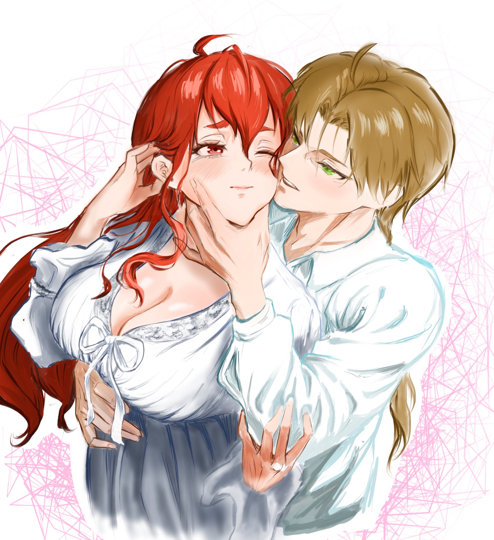 eris greyrat, rudeus greyrat, mushoku tensei, commentary, highres, 1boy, 1girl, abstract background, ahoge, blonde hair, blush, breasts, cheek-to-cheek, cleavage, closed mouth, collarbone, collared shirt, cousins, grabbing another's chin, green eyes, half-closed eyes, hand on another's chin, hand up, heads together, hetero, hug, hug from behind, large breasts, long hair, long sleeves, looking at another, mine., nightgown, official alternate costume, one eye closed, parted lips, ponytail, red eyes, red hair, shirt, upper body, white nightgown, white shirt, wince