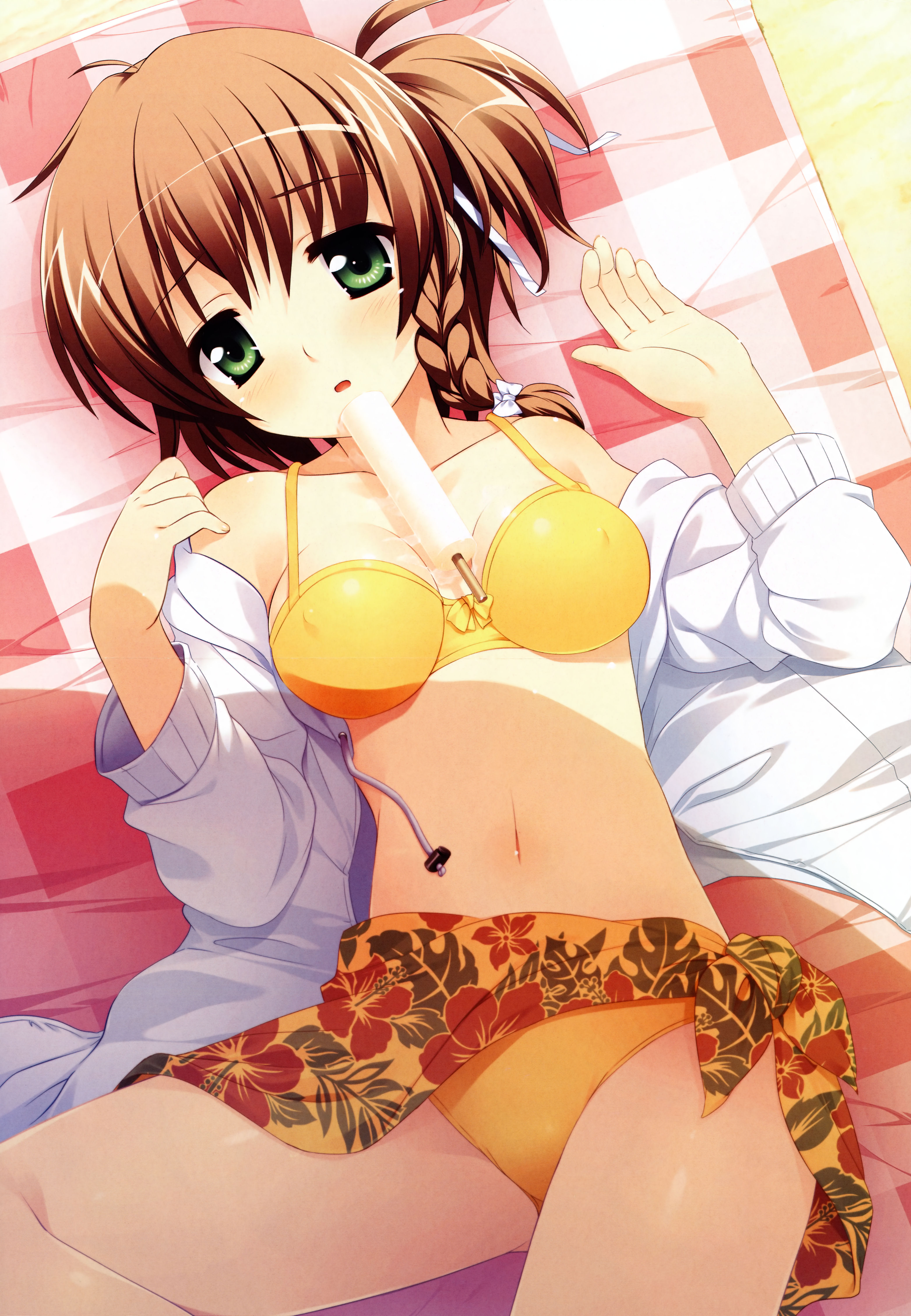 souryuu (double dragon), kikuchi nanami, mimi wo sumaseba (eroge), absurdres, highres, 1girl, bikini, braid, breasts, brown hair, covered erect nipples, female focus, food, green eyes, lingerie, lying, medium breasts, open clothes, popsicle, sarong, sexually suggestive, short twintails, solo, swimsuit, twintails, underwear, yellow bikini