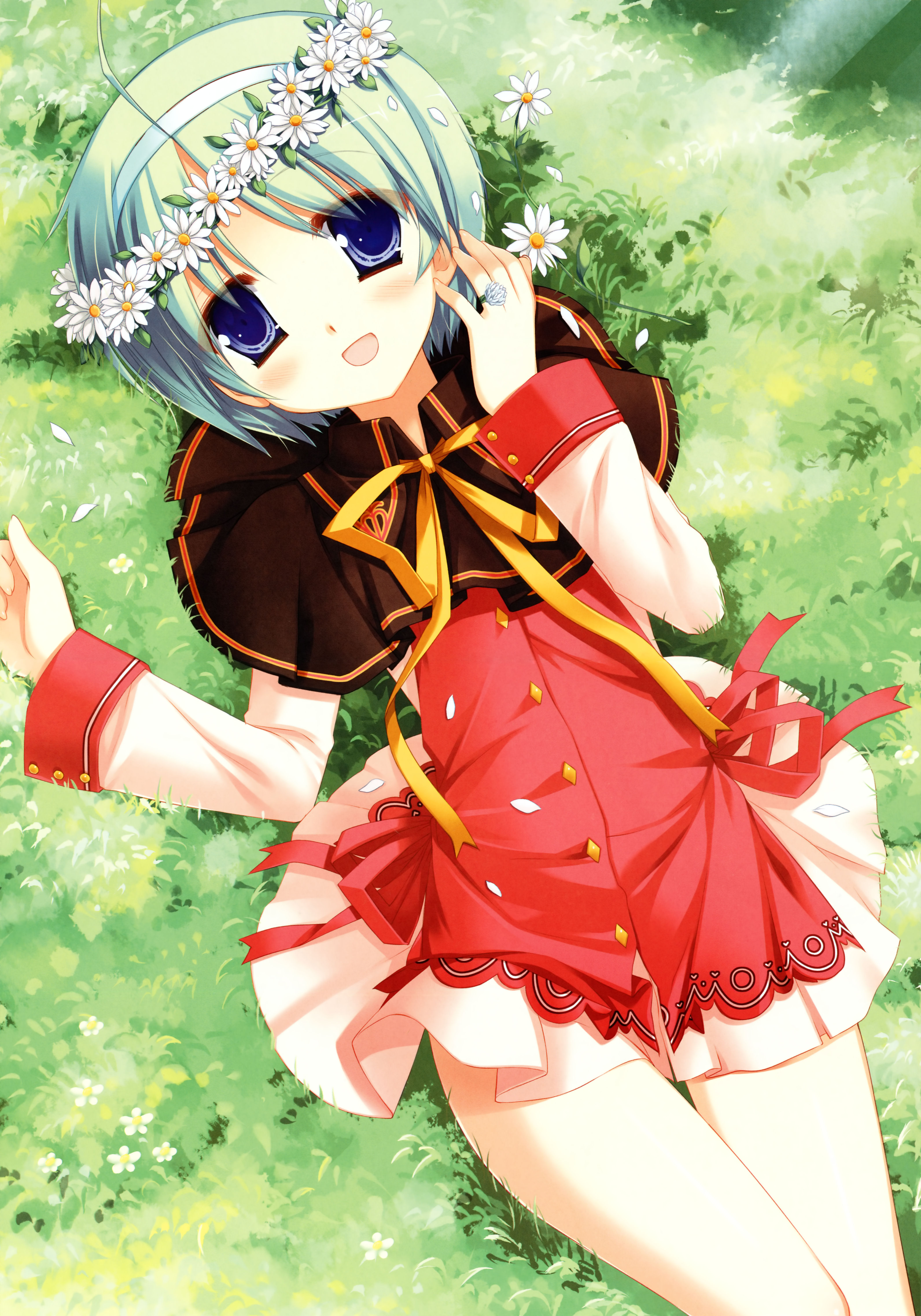 miyasu risa, absurdres, highres, blue eyes, blush, flower, grass, green hair, lying, school uniform, short hair, solo