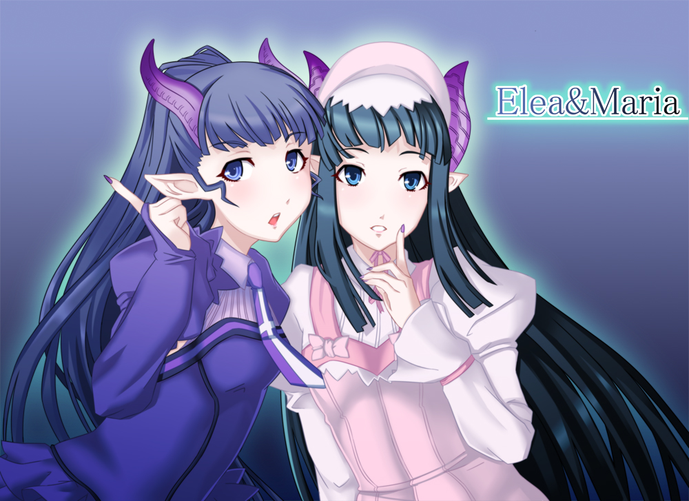 eihou (syou1022), elea, maria (blassreiter), blassreiter, 00s, 2girls, black hair, blue eyes, blue hair, blush, bonnet, bridal gauntlets, cross, demon girl, dress, finger to mouth, fingernails, flat chest, gothic lolita, horns, lolita fashion, long fingernails, long hair, multiple girls, nail (hardware), necktie, open mouth, pale skin, pointing, pointy ears, ponytail, smile, very long hair