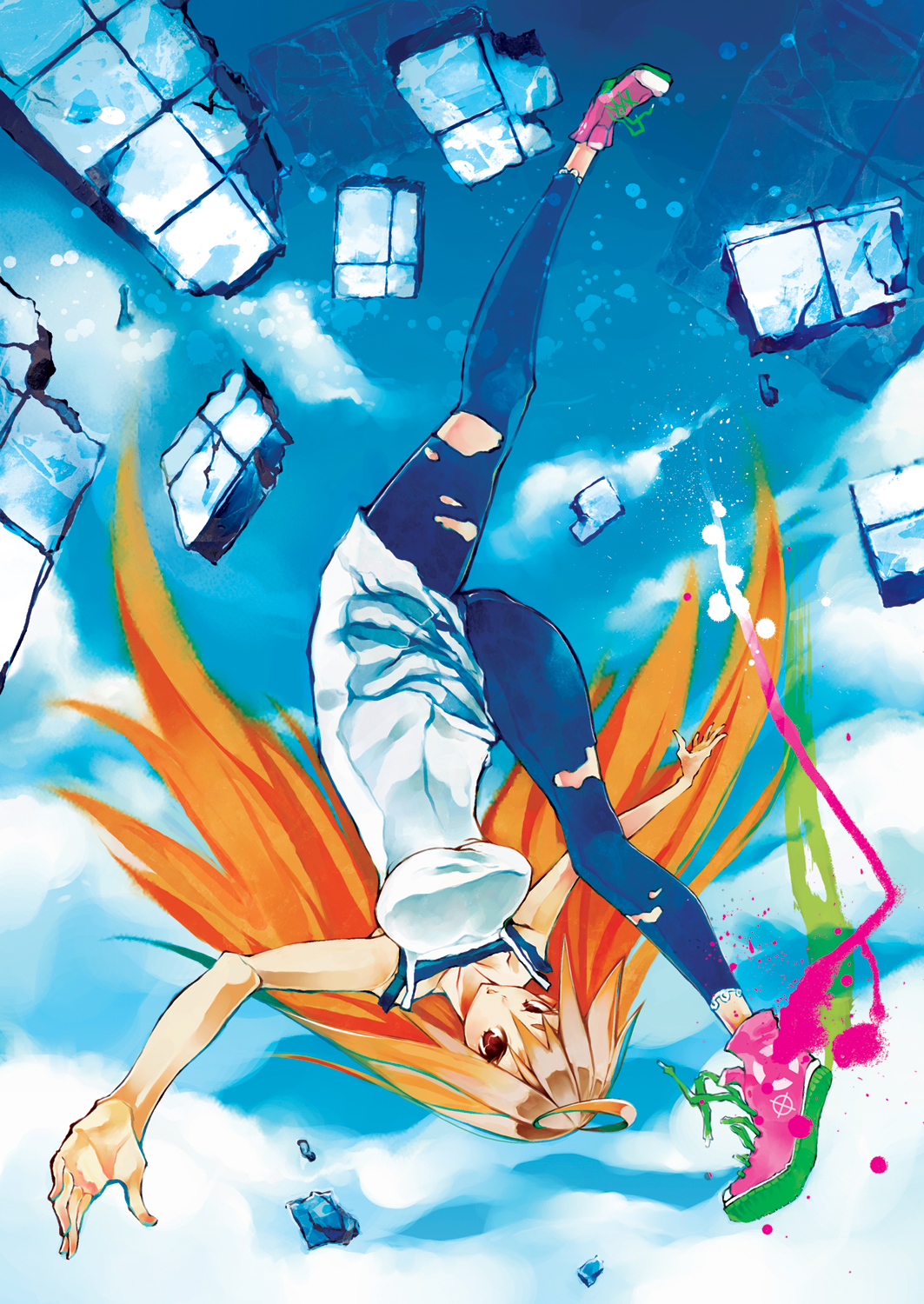 aco (koaya ako), original, highres, ahoge, brown hair, falling, kicking, long hair, no socks, shoes, sky, sneakers, solo, thighs, torn clothes