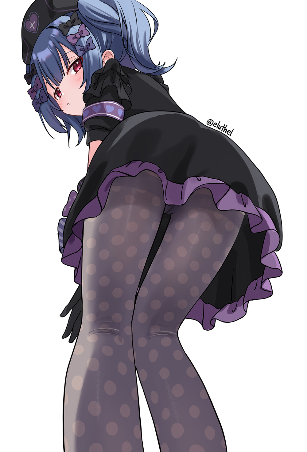 eluthel, sajo yukimi, idolmaster, idolmaster cinderella girls, commentary request, highres, 1girl, artist name, ass, black dress, black gloves, black hat, blue hair, dress, gloves, hat, looking at viewer, pantyhose, parted lips, polka dot, polka dot pantyhose, puffy short sleeves, puffy sleeves, red eyes, short sleeves, signature, simple background, solo, white background