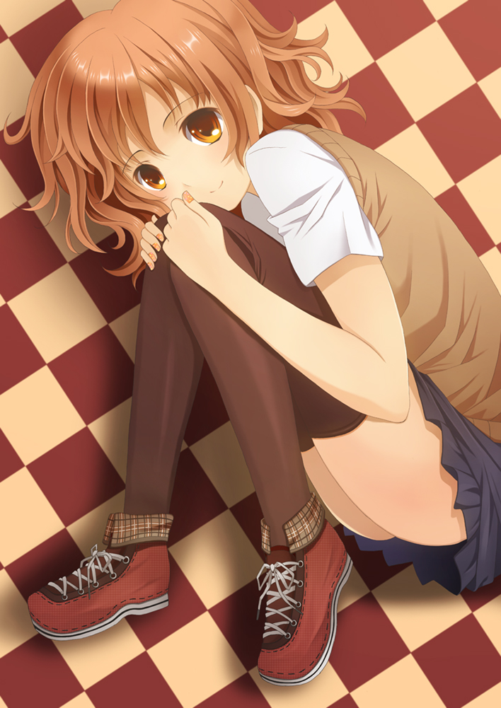 laco soregashi, original, bad id, bad pixiv id, 1girl, brown eyes, brown hair, female focus, hugging own legs, lying, nail polish, shoes, short hair, skirt, smile, solo, thighhighs