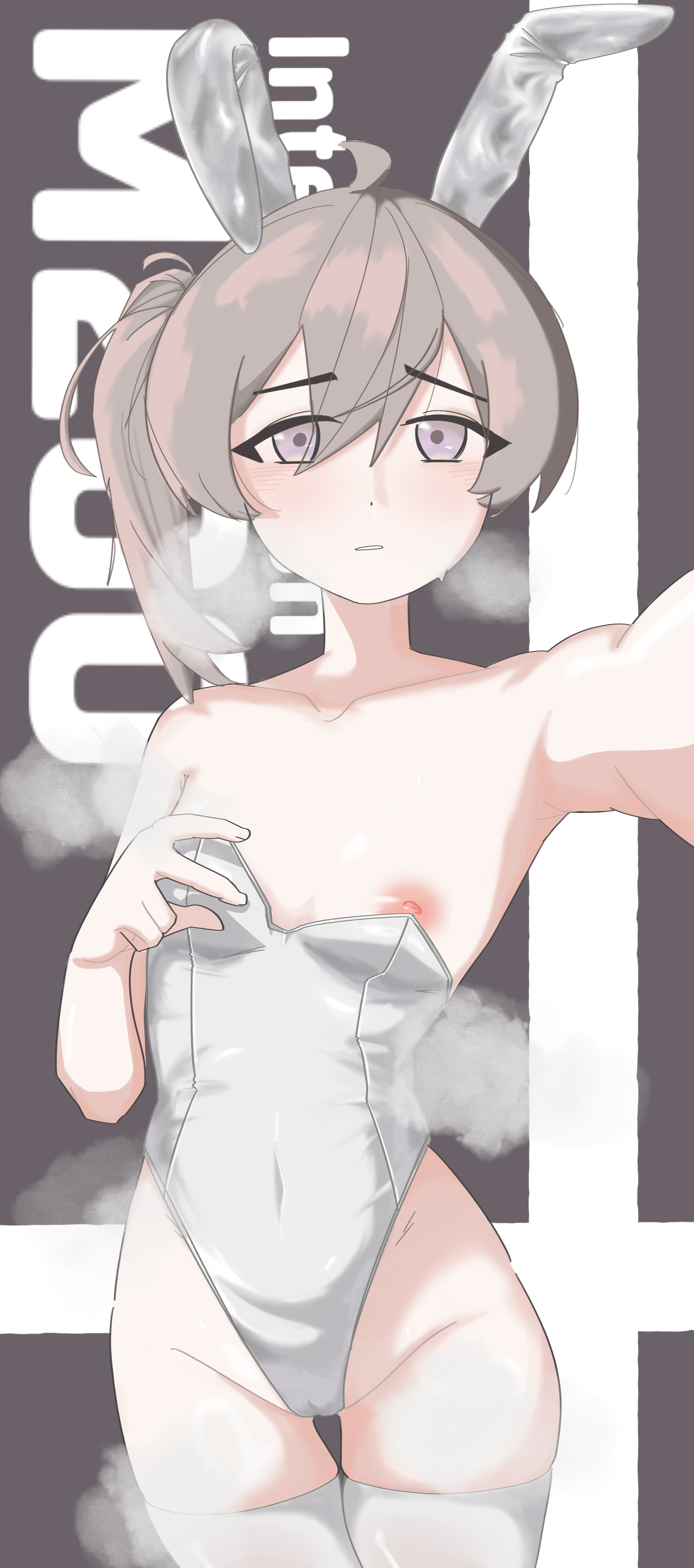 m200 (girls' frontline), girls' frontline, absurdres, commentary, highres, 1girl, alternate costume, animal ears, bare shoulders, blush, breasts, brown background, brown hair, camel, character name, chouyan de furong wang, collarbone, fake animal ears, leotard, leotard peel, looking at viewer, nipples, open clothes, parted lips, playboy bunny, ponytail, purple eyes, rabbit ears, simple background, small breasts, solo, strapless, strapless leotard, sweat, thighhighs, two-tone background, white background, white leotard, white thighhighs