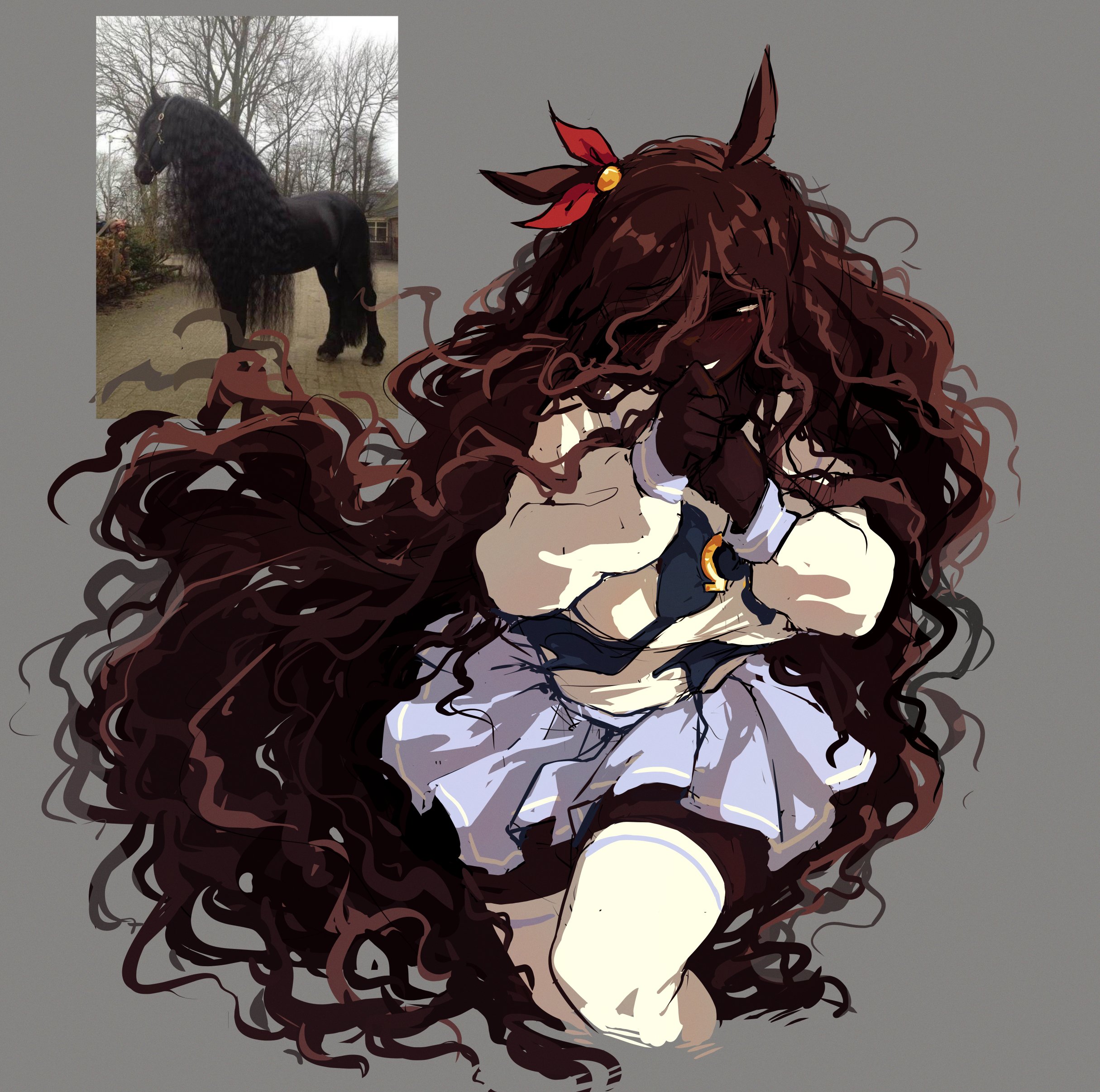 blairevt, umamusume, absurdres, commentary, english commentary, highres, 1girl, animal ears, blue bow, bow, brown hair, cropped legs, dark-skinned female, dark skin, friesian horse girl, grey background, hair between eyes, hair ribbon, half-closed eyes, horse ears, horse girl, horseshoe ornament, long hair, long sleeves, looking to the side, personification, pleated skirt, purple sailor collar, purple skirt, red ribbon, ribbon, sailor collar, school uniform, serafuku, shirt, simple background, skirt, smile, solo, thighhighs, tracen school uniform, very dark skin, very long hair, wavy hair, white shirt, white thighhighs, zettai ryouiki