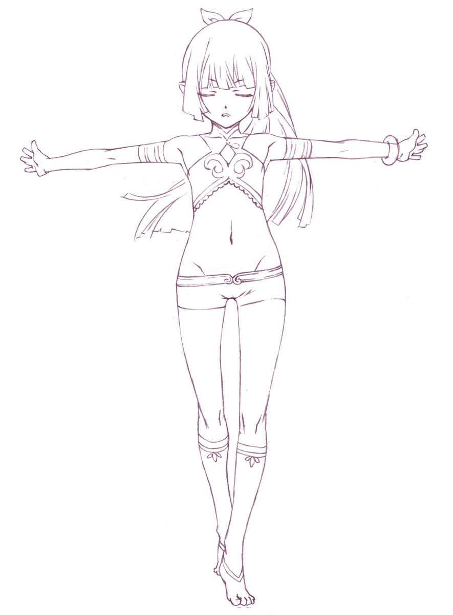 nyaou, urin (umi monogatari), umi monogatari, highres, 00s, 1girl, barefoot, child, closed eyes, female focus, flat chest, legs, long hair, lowleg, monochrome, purple theme, shorts, solo, toeless legwear