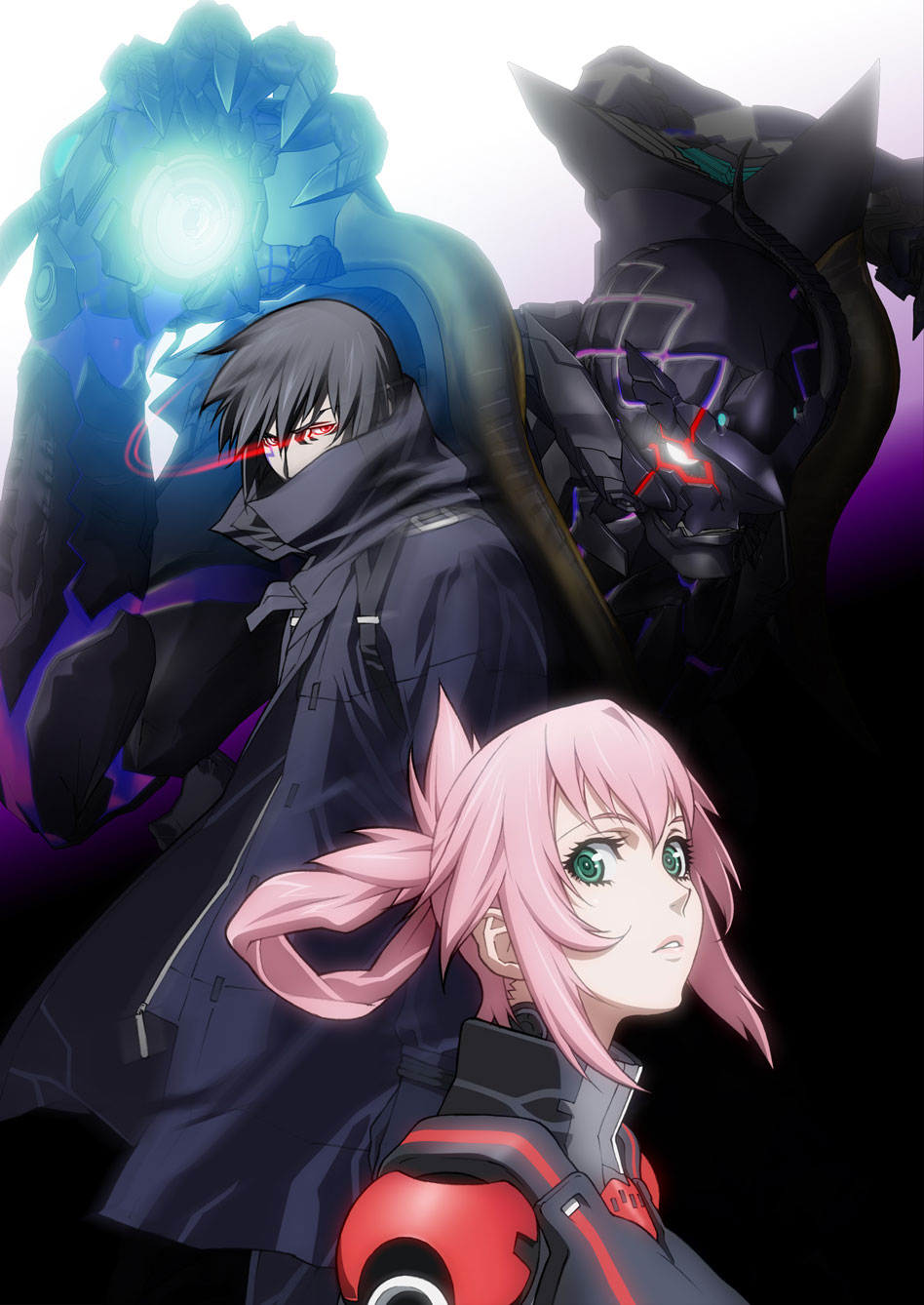 amanda werner, joseph jobson, blassreiter, highres, 00s, armor, backlighting, black hair, bodysuit, chromatic aberration, covered mouth, eye trail, from side, glowing, green eyes, hair between eyes, hair rings, high collar, light trail, long hair, pink hair, red eyes, standing