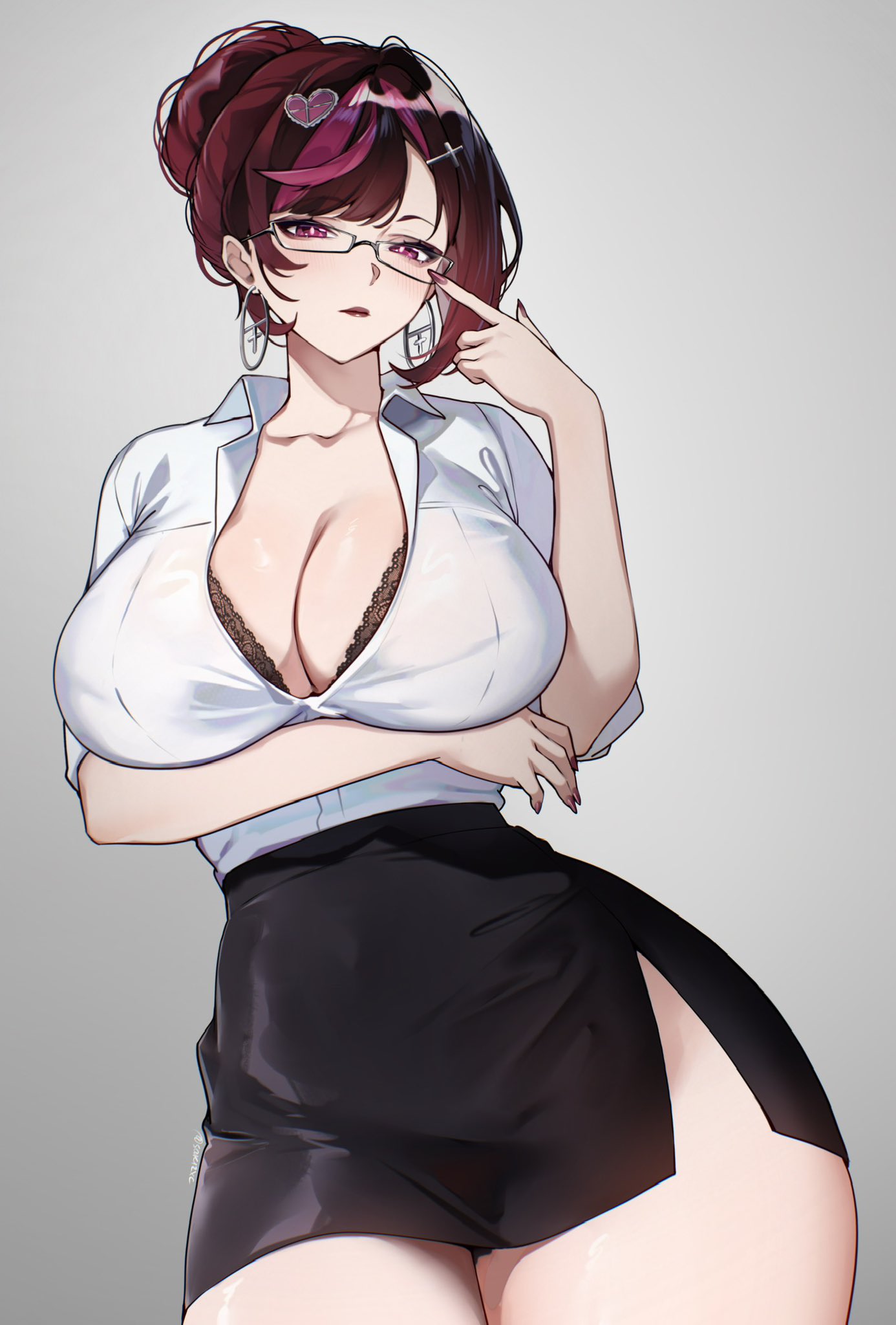sakichka, elle (vtuber), indie virtual youtuber, highres, 1girl, alternate hair color, arm under breasts, black bra, black skirt, bra, bra peek, breasts, brown hair, cleavage, closed mouth, collarbone, collared shirt, cross hair ornament, earrings, glasses, hair ornament, heart, heart hair ornament, hoop earrings, jewelry, lips, multicolored hair, office lady, pink eyes, pink hair, shirt, side slit, skirt, solo, streaked hair, thighs, twitter username, underwear, virtual youtuber, white shirt