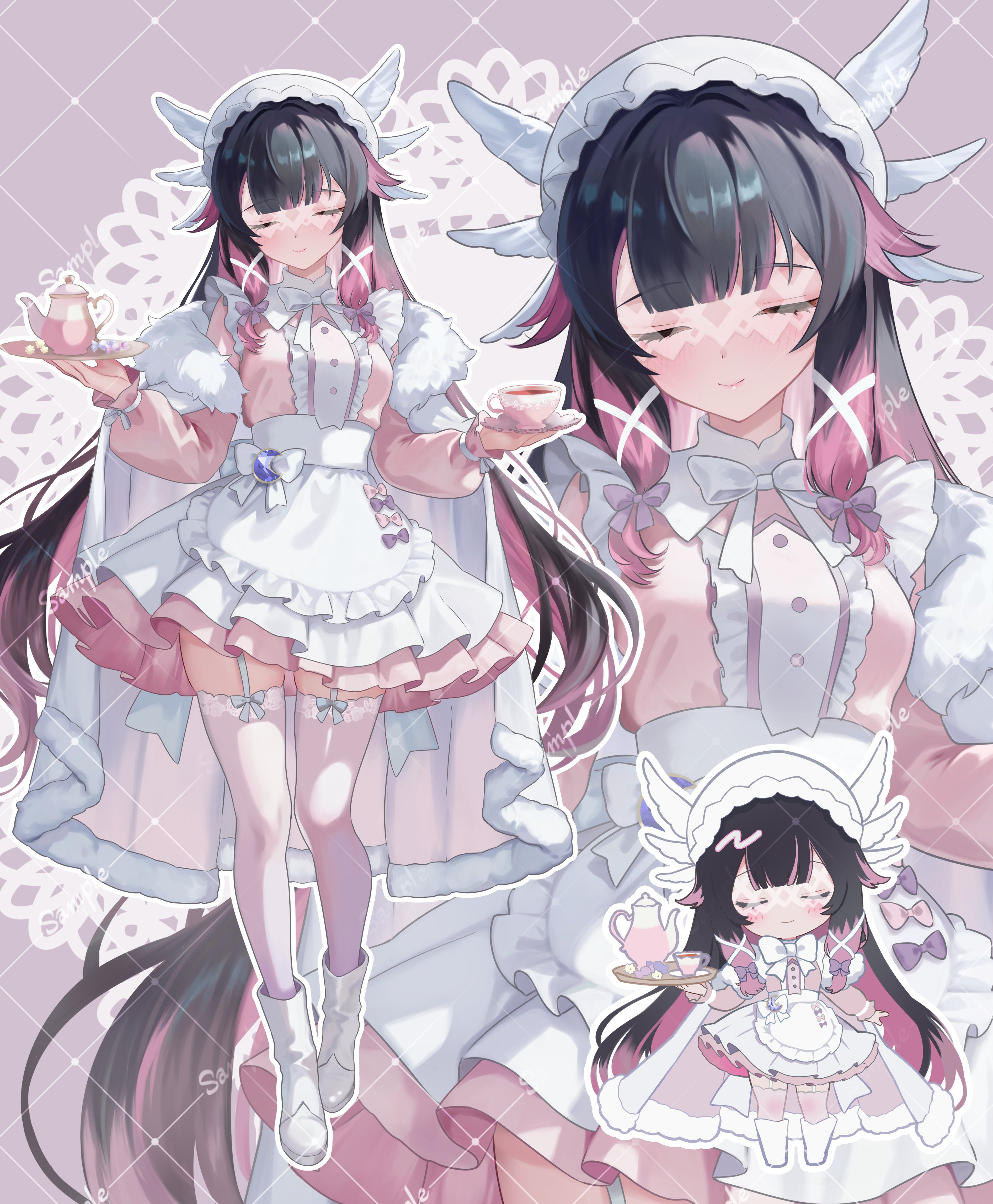 riku (rrr gns), columbina (genshin impact), genshin impact, absurdres, commentary request, highres, 1girl, alternate costume, black hair, breasts, cape, center frills, closed eyes, colored inner hair, dress, frills, fur-trimmed cape, fur trim, hat, holding, holding plate, medium breasts, multicolored hair, multiple views, pink dress, pink hair, pink thighhighs, plate, shoes, smile, thighhighs, white dress, white hat, white shoes