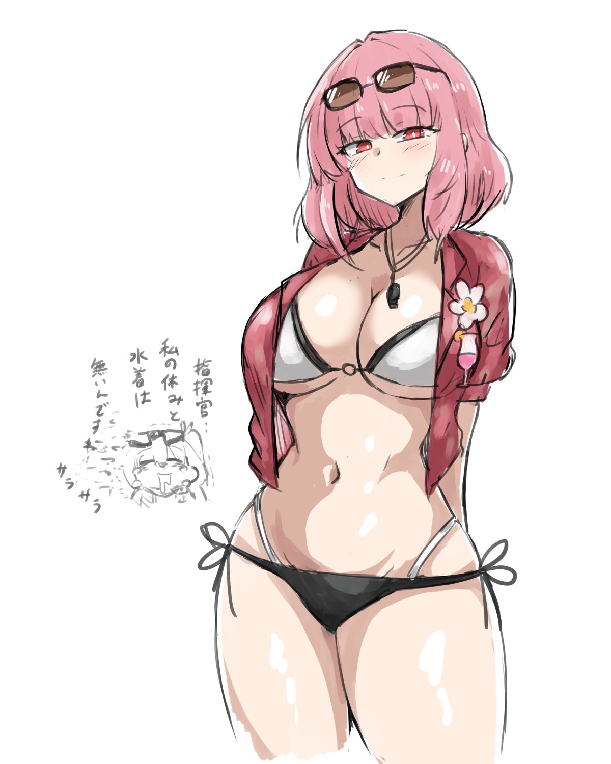 geist43195783, female commander (girls' frontline), mayling shen (girls' frontline 2), girls' frontline, girls' frontline 2: exilium, highres, translation request, 2girls, arms behind back, bikini, breasts, cleavage, closed mouth, collarbone, eyewear on head, large breasts, layered bikini, light smile, looking at viewer, medium hair, multiple girls, navel, official alternate costume, pink hair, red eyes, red shirt, shirt, shirt flower, side-tie bikini bottom, simple background, sunglasses, swimsuit, whistle, whistle around neck, white background