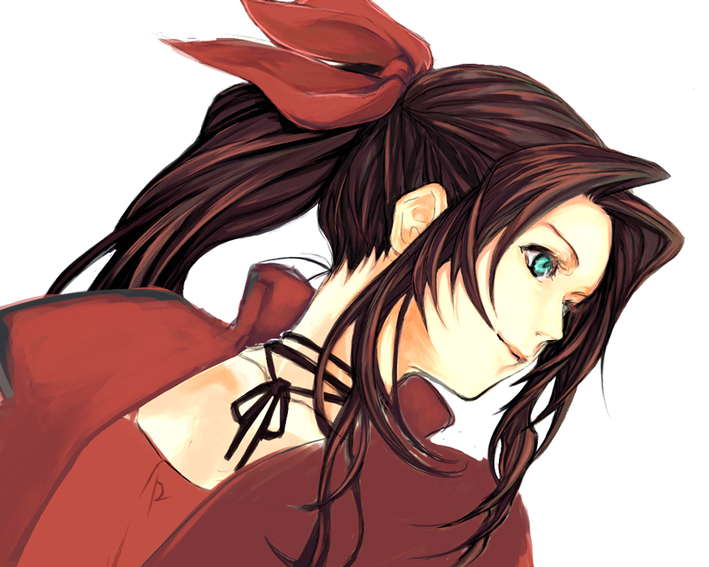 kusumori shiba, aerith gainsborough, final fantasy, final fantasy vii, bad id, bad pixiv id, 1990s (style), 1girl, aqua eyes, bow, brown hair, cropped jacket, female focus, hair bow, pink bow, ponytail, retro artstyle, smile, solo