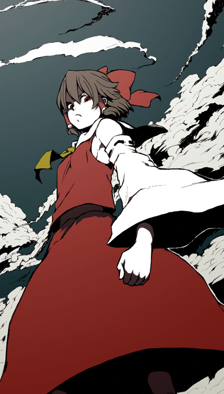 lefthand, hakurei reimu, touhou, bad id, bad pixiv id, 1girl, annoyed, brown hair, cloud, dress, female focus, from below, glaring, hair ribbon, looking down, red eyes, ribbon, serious, short hair, sky, solo