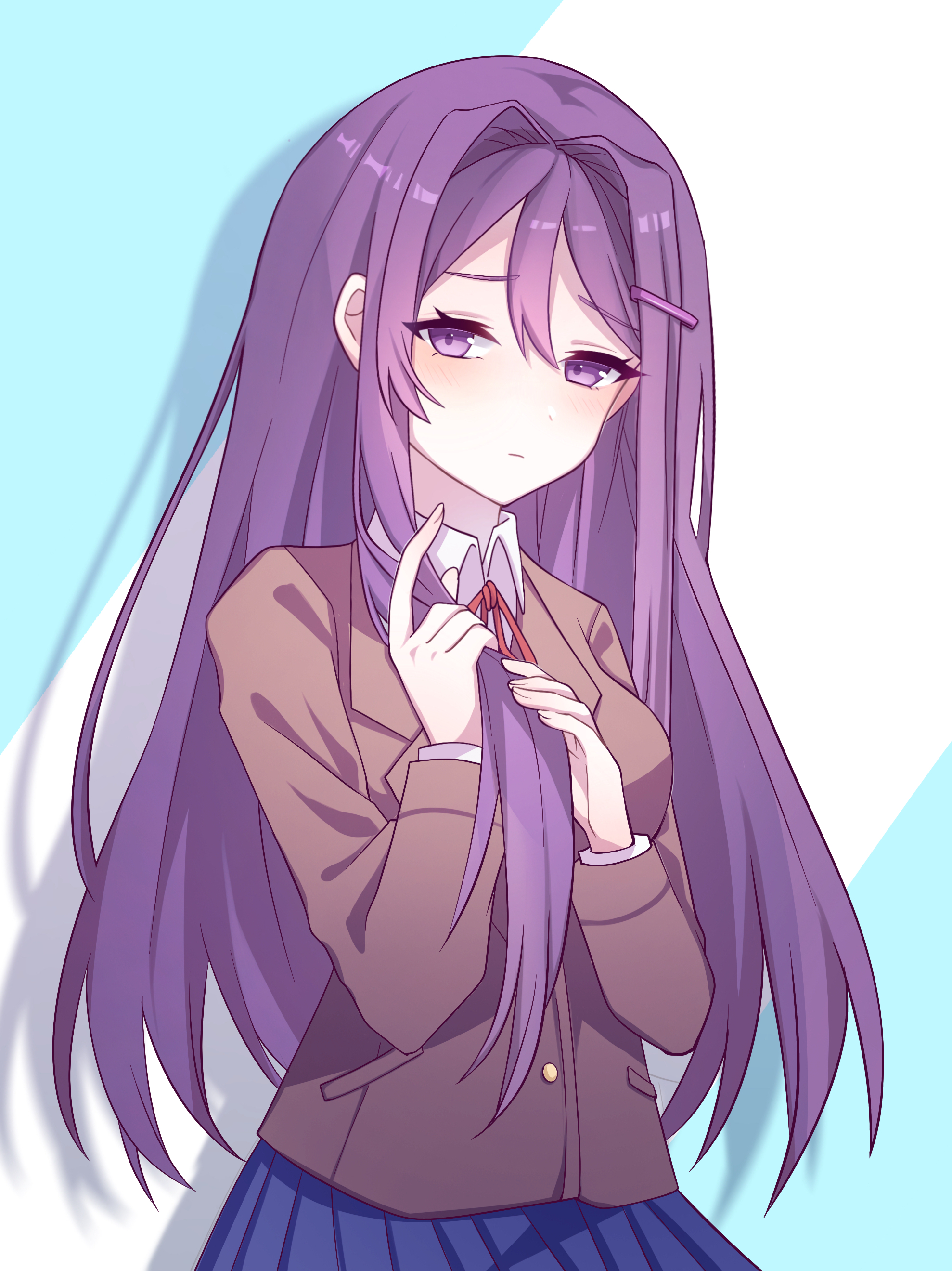 doki doki literature club, absurdres, commentary, english commentary, highres, 1girl, blazer, blue skirt, blush, brown jacket, collared shirt, cowboy shot, doki doki literature club school uniform, hair ornament, hairclip, holding, holding own hair, jacket, kkkyoka, lapels, layered sleeves, long hair, long sleeves, looking at viewer, neck ribbon, notched lapels, pleated skirt, purple eyes, purple hair, red ribbon, ribbon, school uniform, shadow, shirt, simple background, skirt, solo, yuri