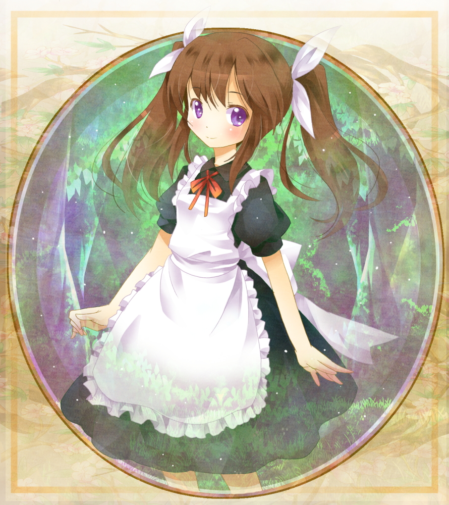 michii yuuki, staygarden, minatogawa renri, naga (staygarden), ryuujin naga, bad id, bad pixiv id, 1girl, apron, bow, brown hair, female focus, hair bow, long hair, maid, maid apron, outside border, purple eyes, round image, smile, solo, tree, twintails