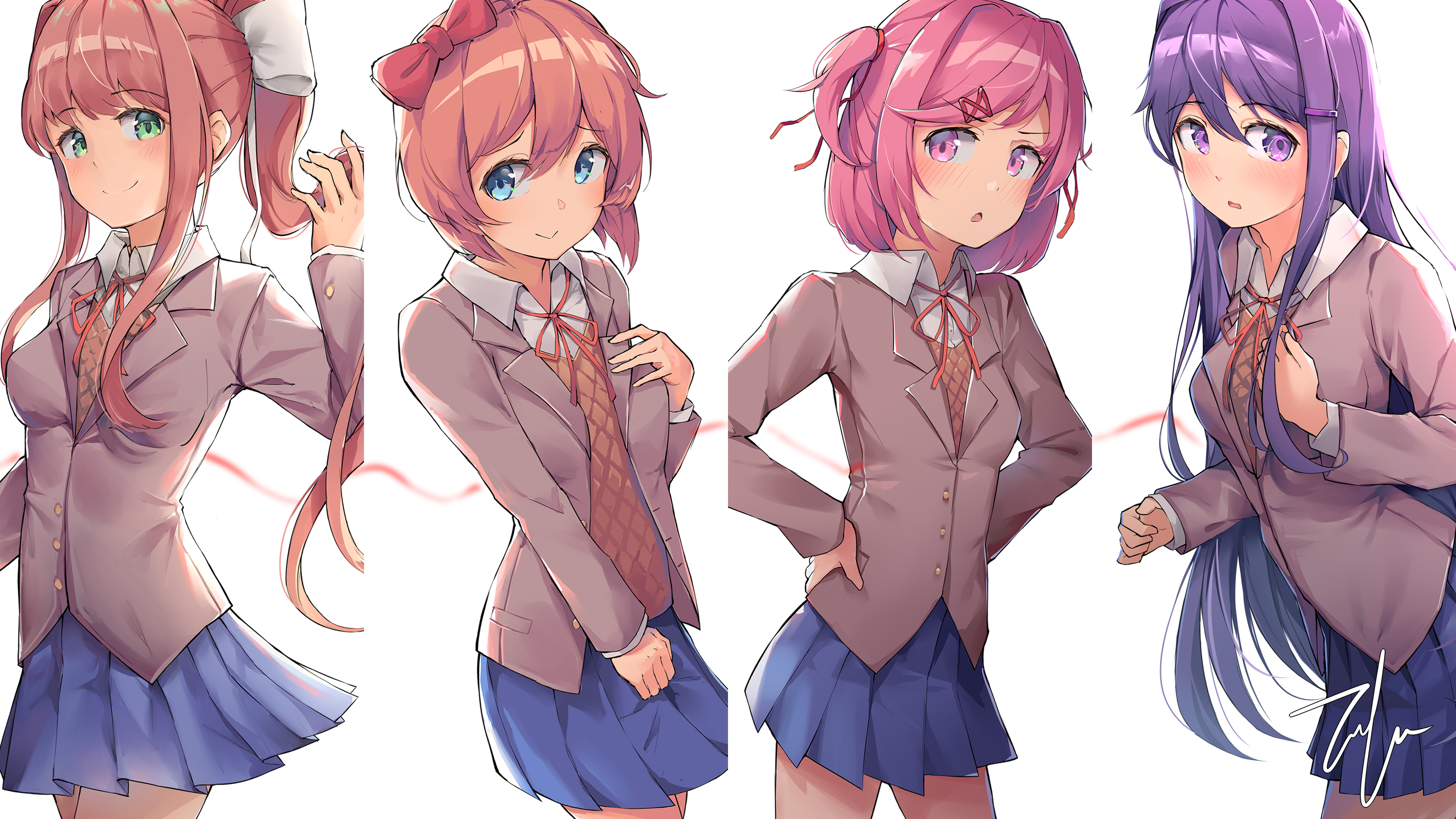 tofumang, monika (doki doki literature club), natsuki (doki doki literature club), sayori (doki doki literature club), yuri (doki doki literature club), doki doki literature club, absurdres, commentary, english commentary, highres, 4girls, blazer, blue eyes, blue skirt, bow, breasts, brown hair, brown jacket, collared shirt, compilation, cowboy shot, doki doki literature club school uniform, green eyes, hair bow, hair ornament, hair ribbon, hairclip, hand up, hands on own hips, jacket, lapels, layered sleeves, light blush, long hair, long sleeves, looking at viewer, medium breasts, miniskirt, multiple girls, neck ribbon, notched lapels, one side up, open mouth, orange sweater vest, orange vest, pink eyes, pink hair, pleated skirt, ponytail, purple eyes, purple hair, red bow, red ribbon, ribbon, school uniform, shirt, short hair, simple background, skirt, small breasts, smile, sweater vest, vest, white background, white bow
