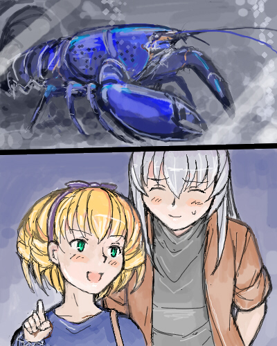 tsuda nanafushi, hinaichigo, suigintou, rozen maiden, silver hair, lowres, 00s, aged up, blonde hair, casual, crustacean, green eyes, hairband, lobster, short hair, sleeves rolled up