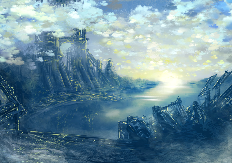 mashiton, original, bloom, blue theme, cloud, dawn, fog, landscape, outdoors, ruins, scenery, sky, solo, sunrise