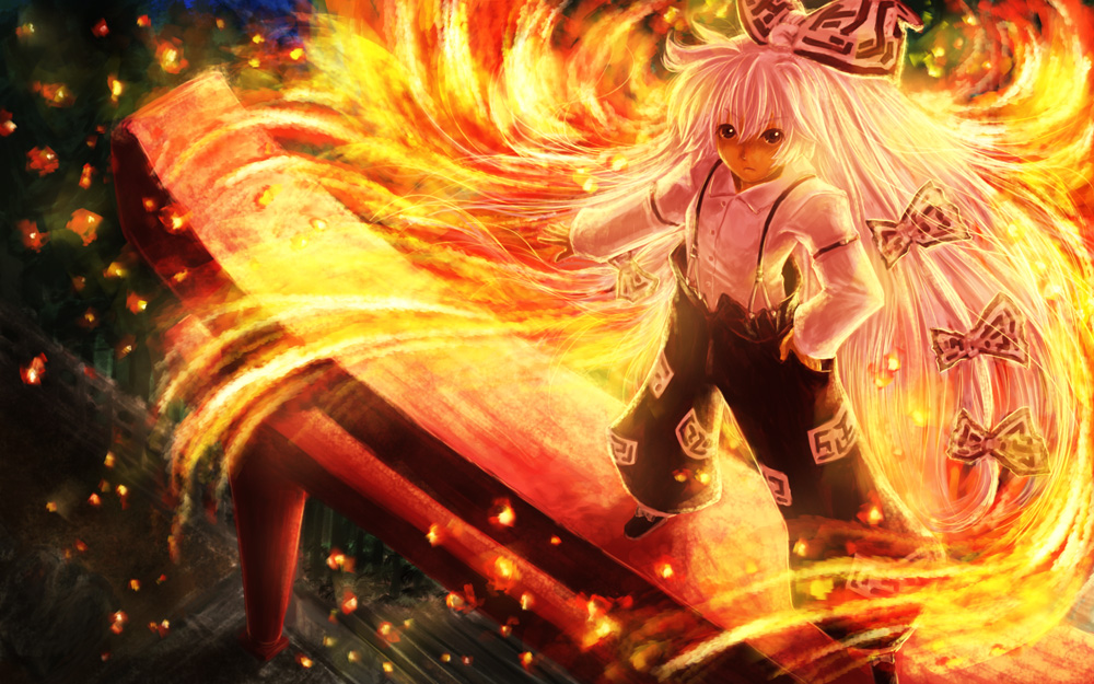 mashiton, fujiwara no mokou, touhou, 1girl, bow, female focus, fire, forest, hair bow, long hair, nature, solo, stairs, suspenders, torii