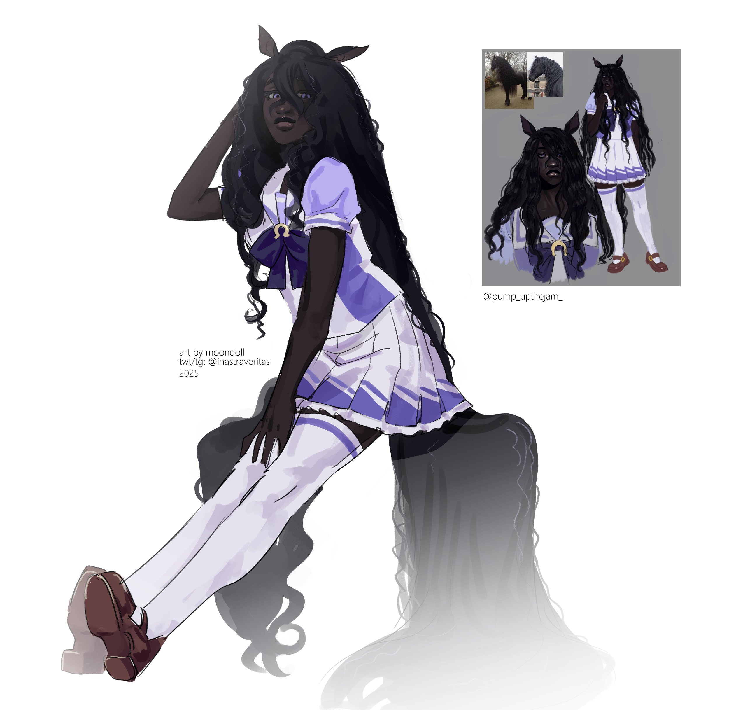 umamusume, absurdres, commentary, english commentary, highres, 1girl, absurdly long hair, animal ears, arm behind head, black hair, blue bow, bow, brown shoes, closed mouth, dark-skinned female, dark skin, friesian horse girl, frilled skirt, frills, full body, hair between eyes, hand on own leg, horse ears, horse girl, horseshoe ornament, invisible chair, lips, long hair, looking at viewer, mary janes, moondoll, personification, pleated skirt, puffy short sleeves, puffy sleeves, purple eyes, purple sailor collar, purple sleeves, reference inset, sailor collar, school uniform, shoes, short sleeves, simple background, sitting, skirt, solo, thighhighs, tracen school uniform, very long hair, wavy hair, white background, white skirt, white thighhighs