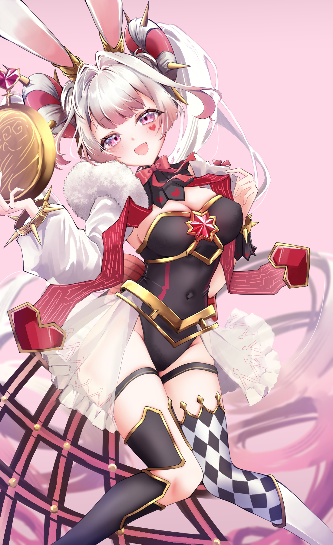 mizuhane (mizuhane miu), maliss <p> white rabbit, yu-gi-oh!, commentary request, highres, 1girl, animal ears, asymmetrical bangs, asymmetrical clothes, black leotard, blush, breasts, cleavage, covered navel, double bun, duel monster, feet out of frame, gradient hair, hair bun, hair ornament, holding, holding pocket watch, knees together feet apart, large breasts, leotard, long sleeves, looking at viewer, looking back, multicolored hair, multiple views, open mouth, pink hair, pocket watch, rabbit ears, rabbit girl, short sleeves, smile, solo, spikes, thigh strap, twintails, watch