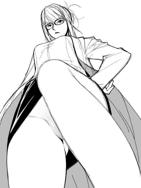 ino (magloid), kisaragi rei, otome function, 1girl, female focus, from below, glasses, greyscale, legs, monochrome, solo, upskirt