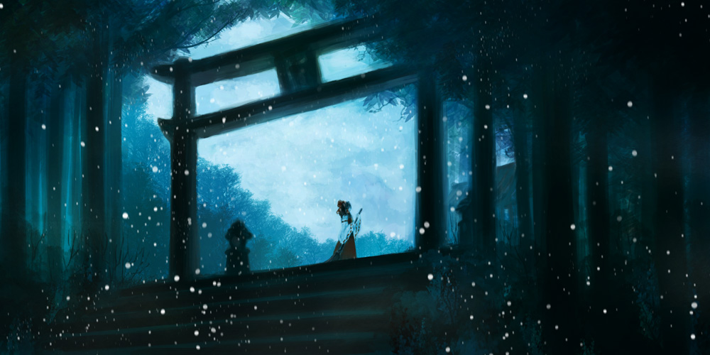 mashiton, hakurei reimu, perfect cherry blossom, touhou, 1girl, broom, female focus, forest, japanese clothes, landscape, miko, nature, scenery, shrine, snow, solo, stairs, stone lantern, torii