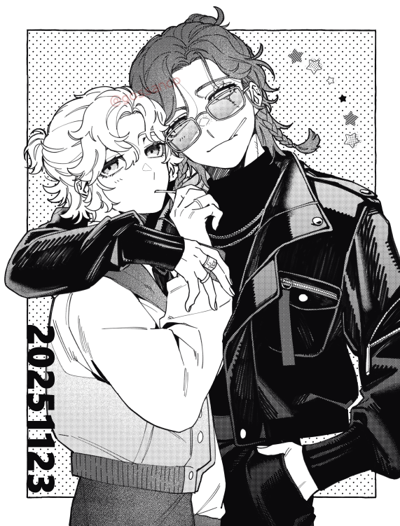 identity v, commentary, 2girls, androgynous, arm around shoulder, braid, brynhildr vilulf, chain, contemporary, curtained hair, dated, food, food in mouth, gossancp, hair between eyes, half updo, halftone, halftone background, hand in pocket, hand up, jacket, jewelry, leather, leather jacket, long hair, long sleeves, looking at viewer, loose hair strand, monochrome, multiple braids, multiple girls, multiple rings, pants, pocket, pocky, pocky in mouth, puffy long sleeves, puffy sleeves, reverse trap, ring, side braids, smile, star (symbol), sunglasses, turtleneck, wendy foote, yuri, zipper