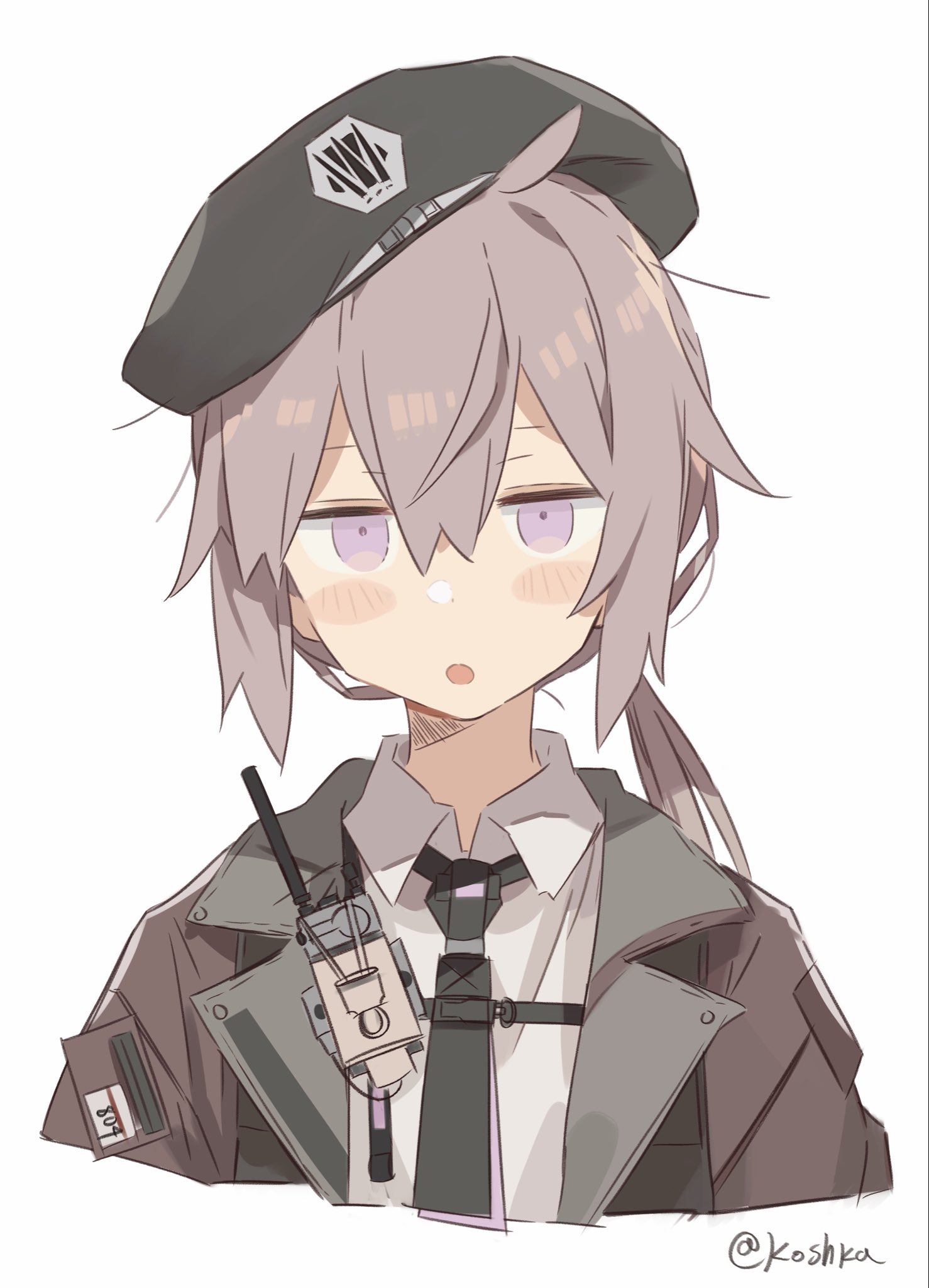 koshka pic, m200 (girls' frontline), girls' frontline, girls' frontline 2: exilium, commentary, highres, 1girl, artist name, beret, black hat, black necktie, blush, blush stickers, brown hair, brown jacket, cheyanne (girls' frontline 2), cropped torso, hat, jacket, long hair, looking at viewer, necktie, open mouth, purple eyes, simple background, solo, twitter username, white background