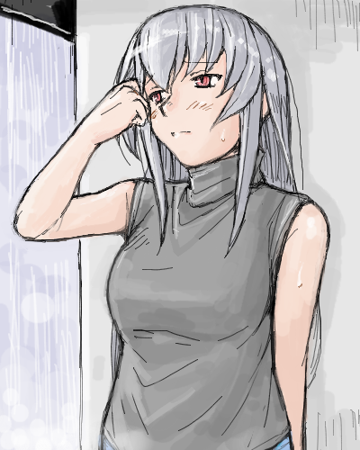 tsuda nanafushi, suigintou, rozen maiden, silver hair, lowres, 00s, 1girl, aged up, casual, female focus, rain, red eyes, shirt, sleeveless, sleeveless shirt, solo, upper body, wet