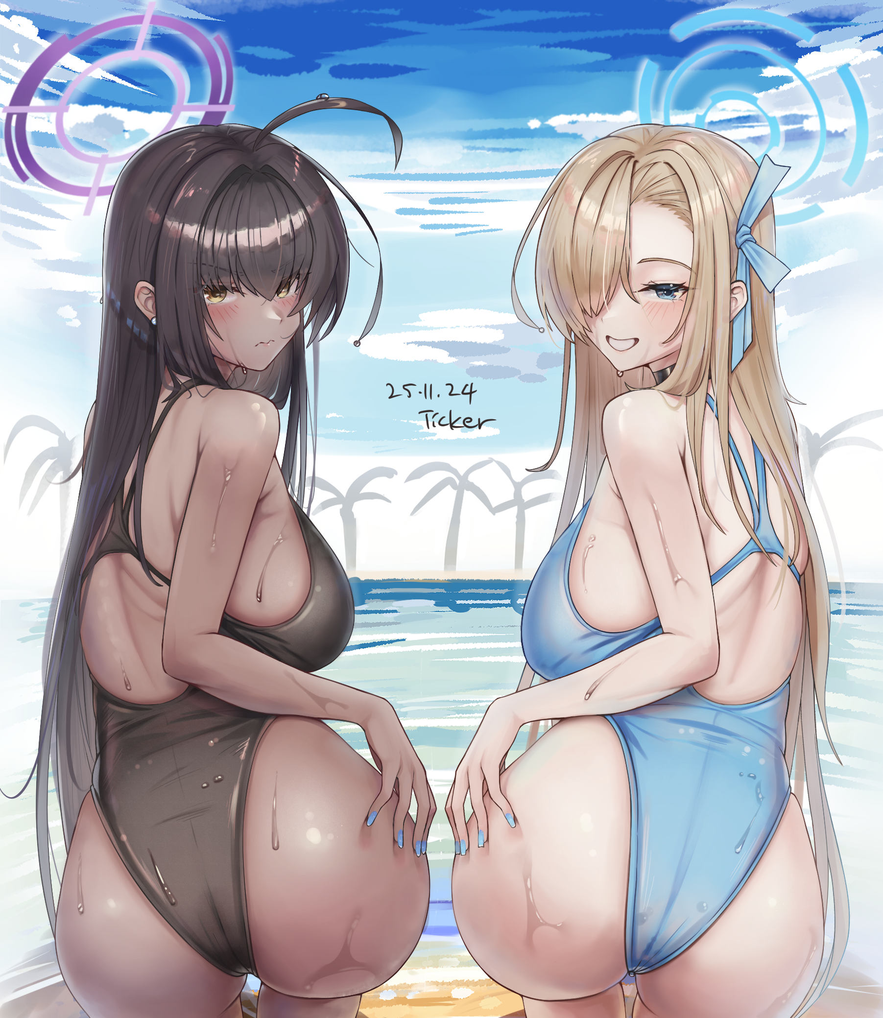 ticker (kks2ksy), asuna (blue archive), karin (blue archive), blue archive, commentary, highres, 2girls, :3, antenna hair, artist name, ass, bare arms, bare shoulders, beach, black choker, black hair, black one-piece swimsuit, blonde hair, blue eyes, blue halo, blue nails, blue one-piece swimsuit, blue ribbon, blue sky, blush, breasts, choker, competition swimsuit, dark-skinned female, dark skin, dated, day, earrings, from behind, grin, hair between eyes, hair over one eye, hair ribbon, halo, hand on own ass, highleg, highleg one-piece swimsuit, jewelry, large breasts, long hair, looking at viewer, looking back, multiple girls, nail polish, one-piece swimsuit, one eye covered, outdoors, palm tree, purple halo, ribbon, sky, smile, stud earrings, swimsuit, tree, very long hair, water, water drop, wavy mouth, wet, wet hair, yellow eyes