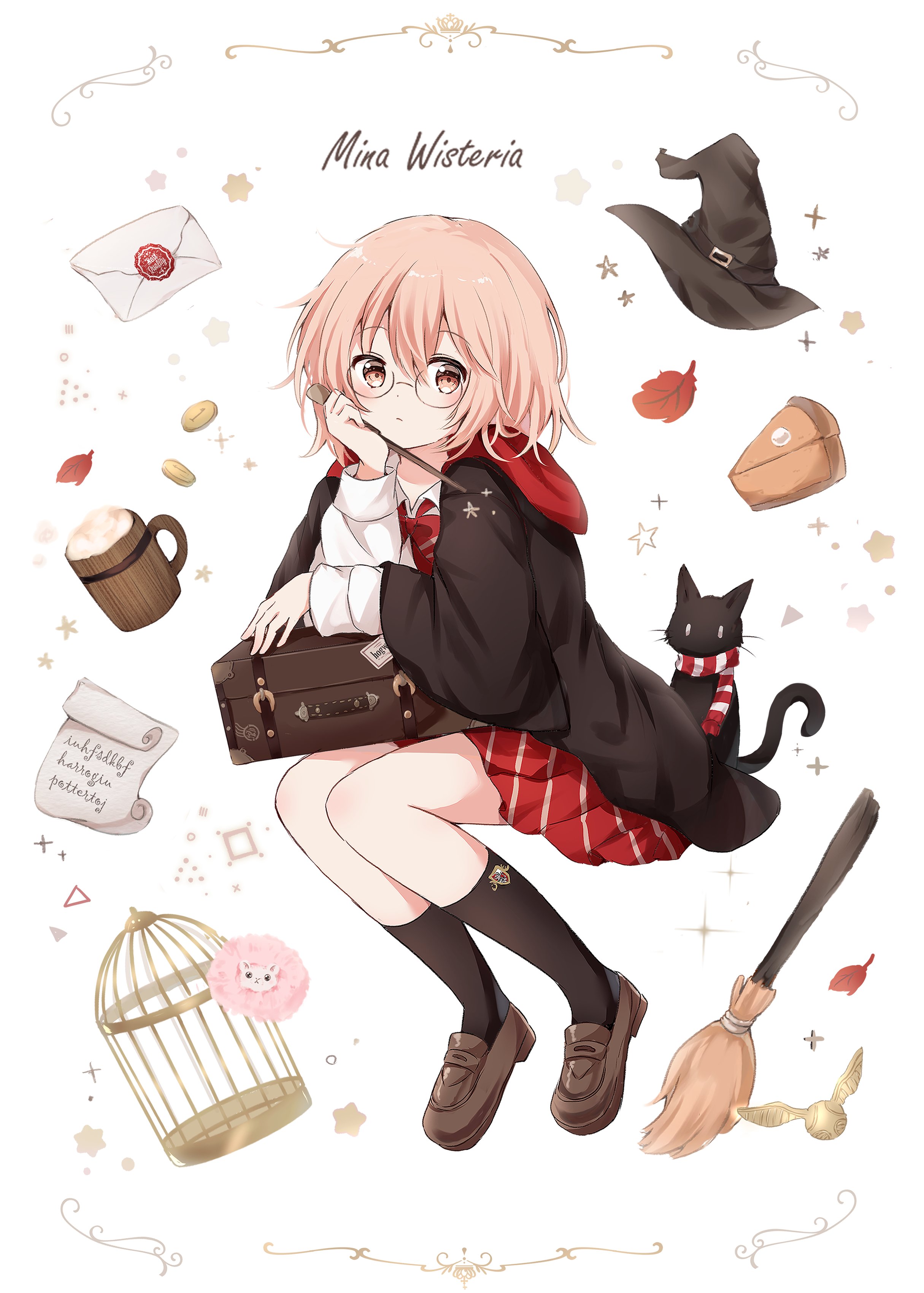 kokoshira 0510, original, absurdres, commentary, highres, symbol-only commentary, 1girl, beer mug, black cape, black socks, blonde hair, broom, brown shoes, cake, cake slice, cape, cat, cup, flying, food, full body, hand rest, hat, kneehighs, letter, looking at viewer, mug, red skirt, shirt, shoes, short hair, skirt, socks, solo, star (symbol), wand, white shirt, witch, witch hat, yellow eyes