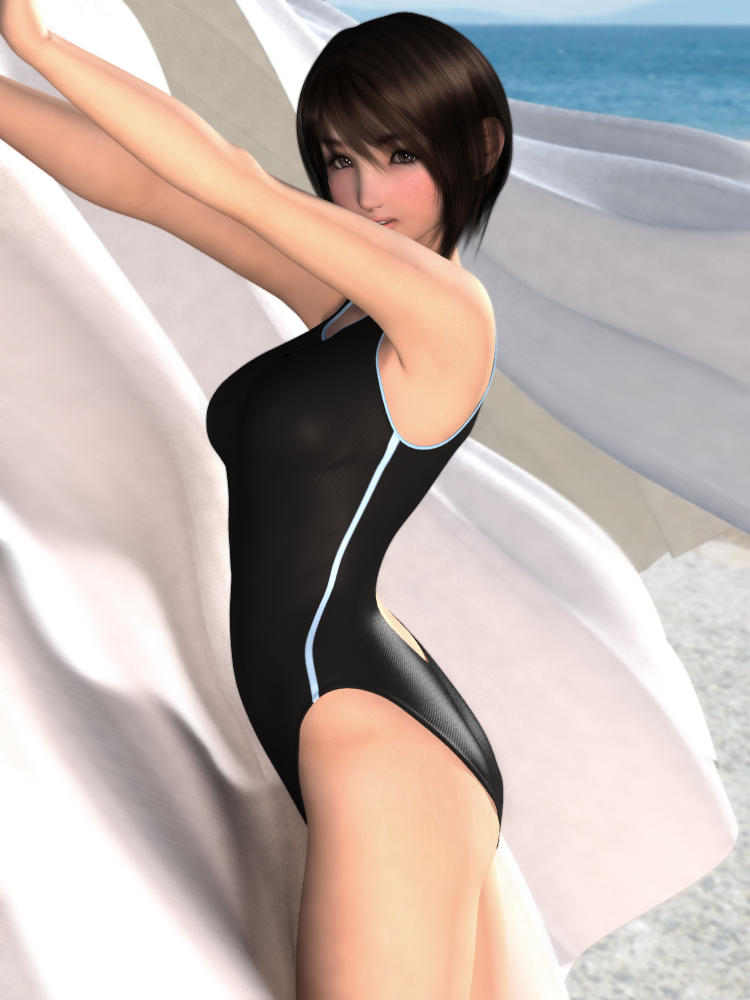 hinemaru, 1girl, 3d, breasts, brown eyes, brown hair, female focus, highleg, highleg one-piece swimsuit, large breasts, one-piece swimsuit, short hair, solo, swimsuit