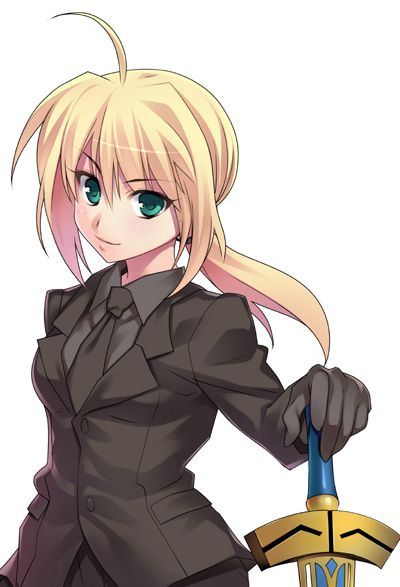 azu, artoria pendragon (fate), saber (fate), fate/stay night, fate/zero, fate (series), 00s, excalibur (fate/stay night), formal clothes, gloves, necktie, pant suit, pants, ponytail, solo, suit, sword, weapon